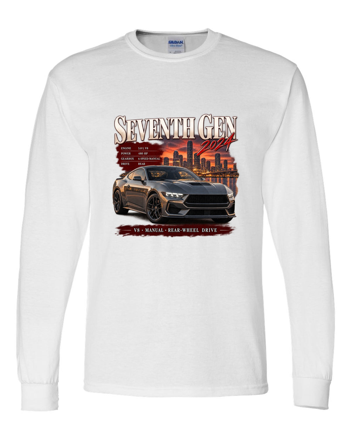 Ford Mustang S650 GT archive panel print reading Seventh Gen 2024 white long sleeve front view with the design