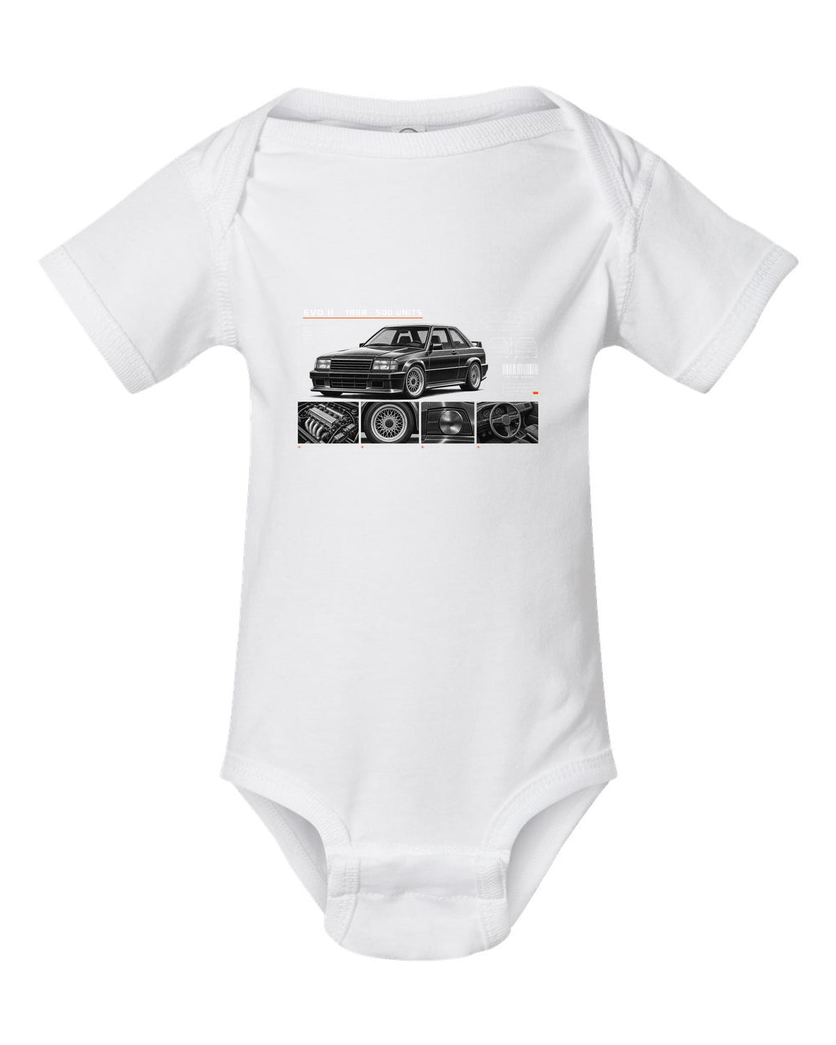 BMW E30 M3 Evo II 1988 dossier panel print with 500 units text white baby onesie front view with the design