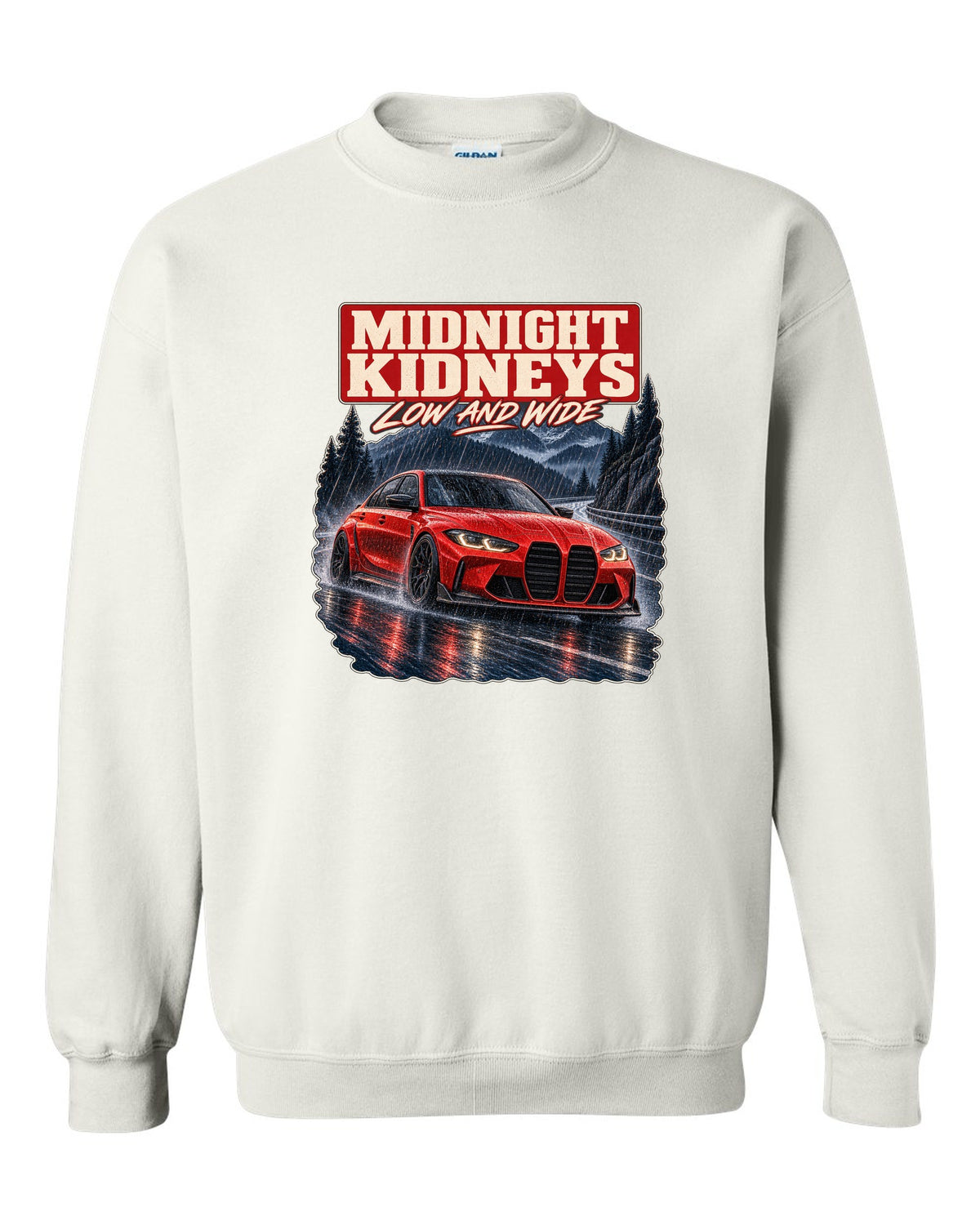 BMW M3 Competition G80 night street print with midnight kidneys text white crewneck front view with the design