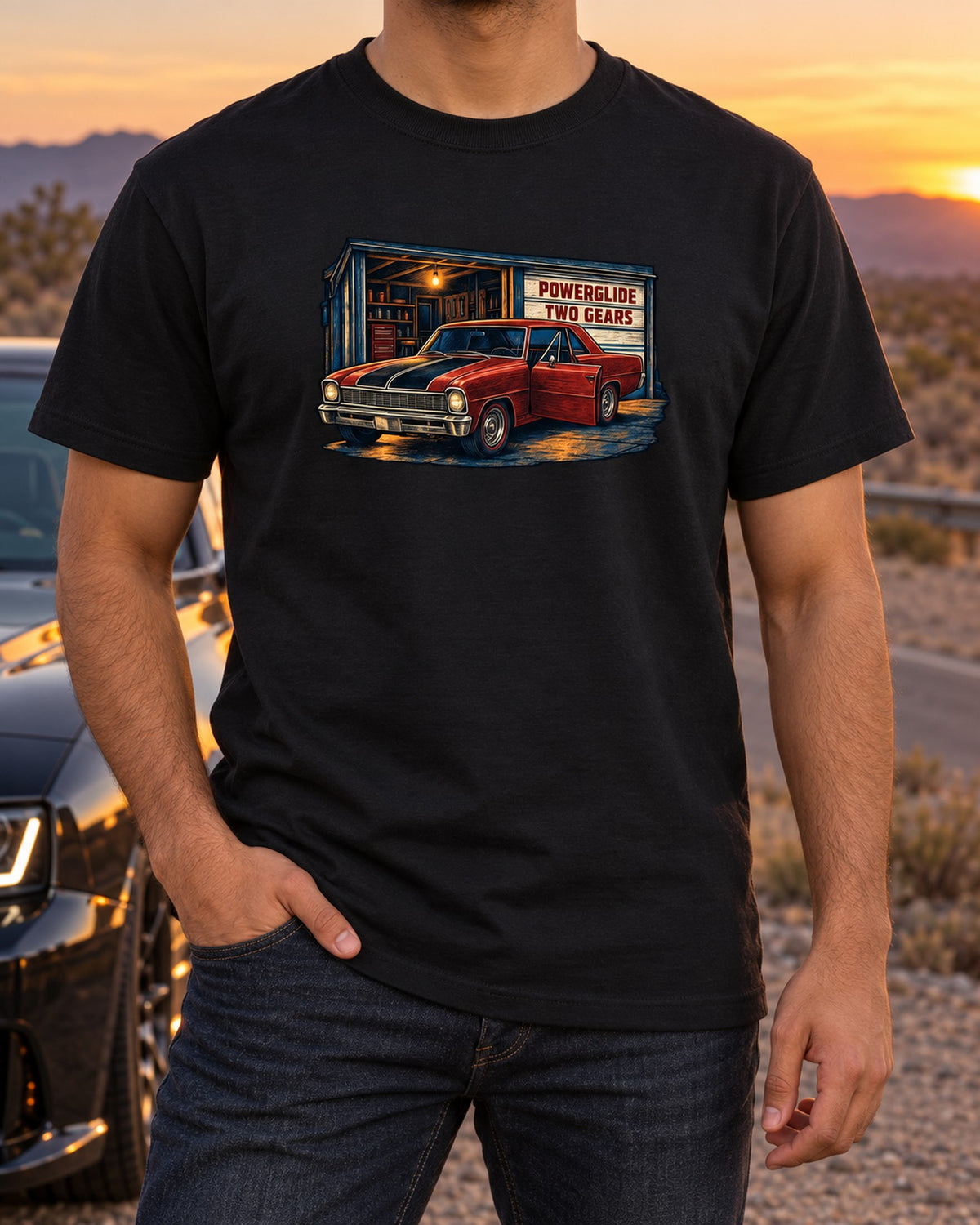 Chevrolet Nova 1967 Chevy II Linocut Shirt, Powerglide Joke T-Shirt Black worn hero