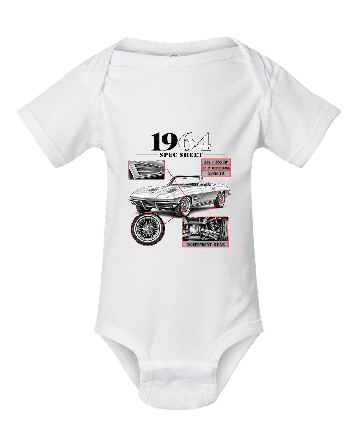 Chevrolet Corvette C2 Sting Ray 1964 convertible spec sheet print white baby onesie front view with the design