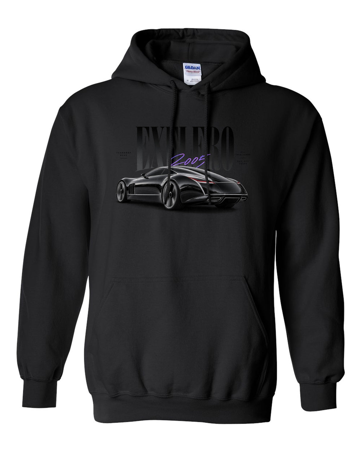 Editorial print of the Maybach Exelero one-off with Exelero 2005 Teardrop Roof lettering black pull over hoodie front view with the design