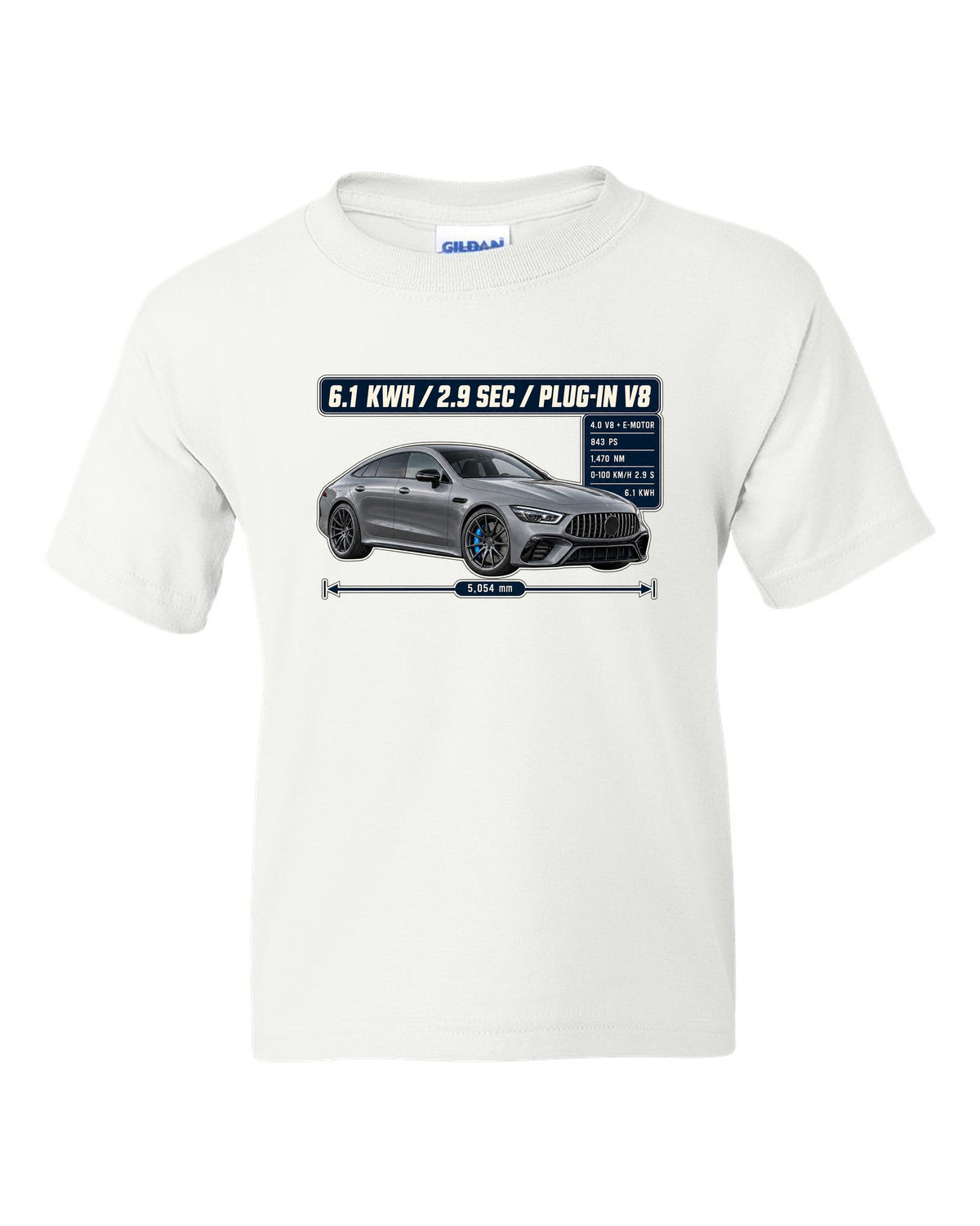 Mercedes-AMG GT 63 S E Performance spec poster design with electric-blue accent white kids tee front view with the design