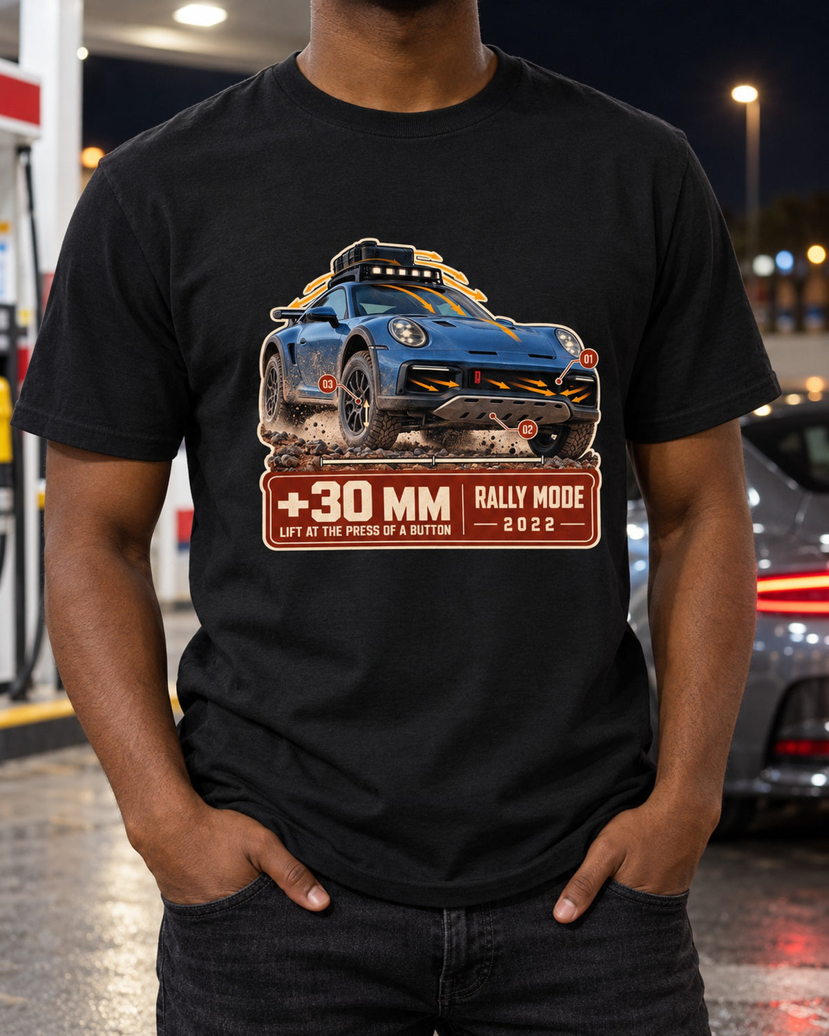 Porsche 911 Dakar 992 Aero Callout Shirt, Rally Mode Lift T-Shirt Black worn hero