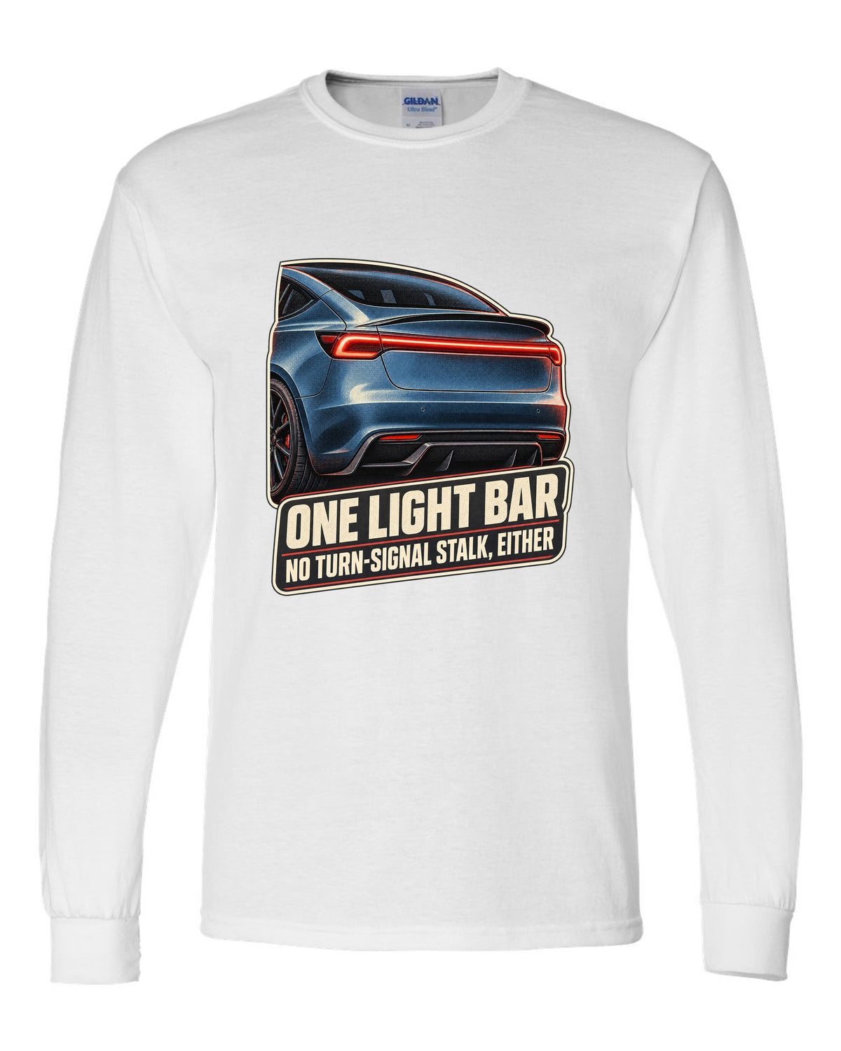 Rear taillight macro print of a Tesla Model 3 Performance Highland with a light bar white long sleeve front view with the design