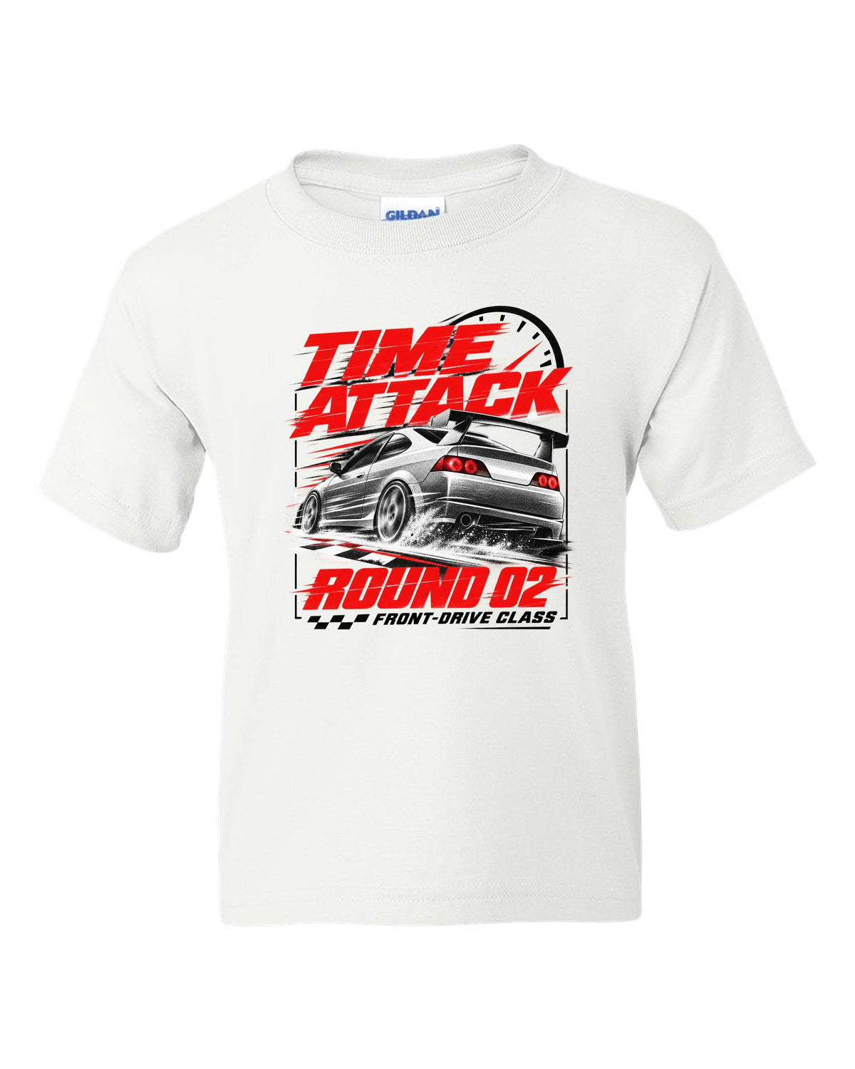 Honda Integra DC5 Type R race poster design for time attack round 02 front-drive class white kids tee front view with the design