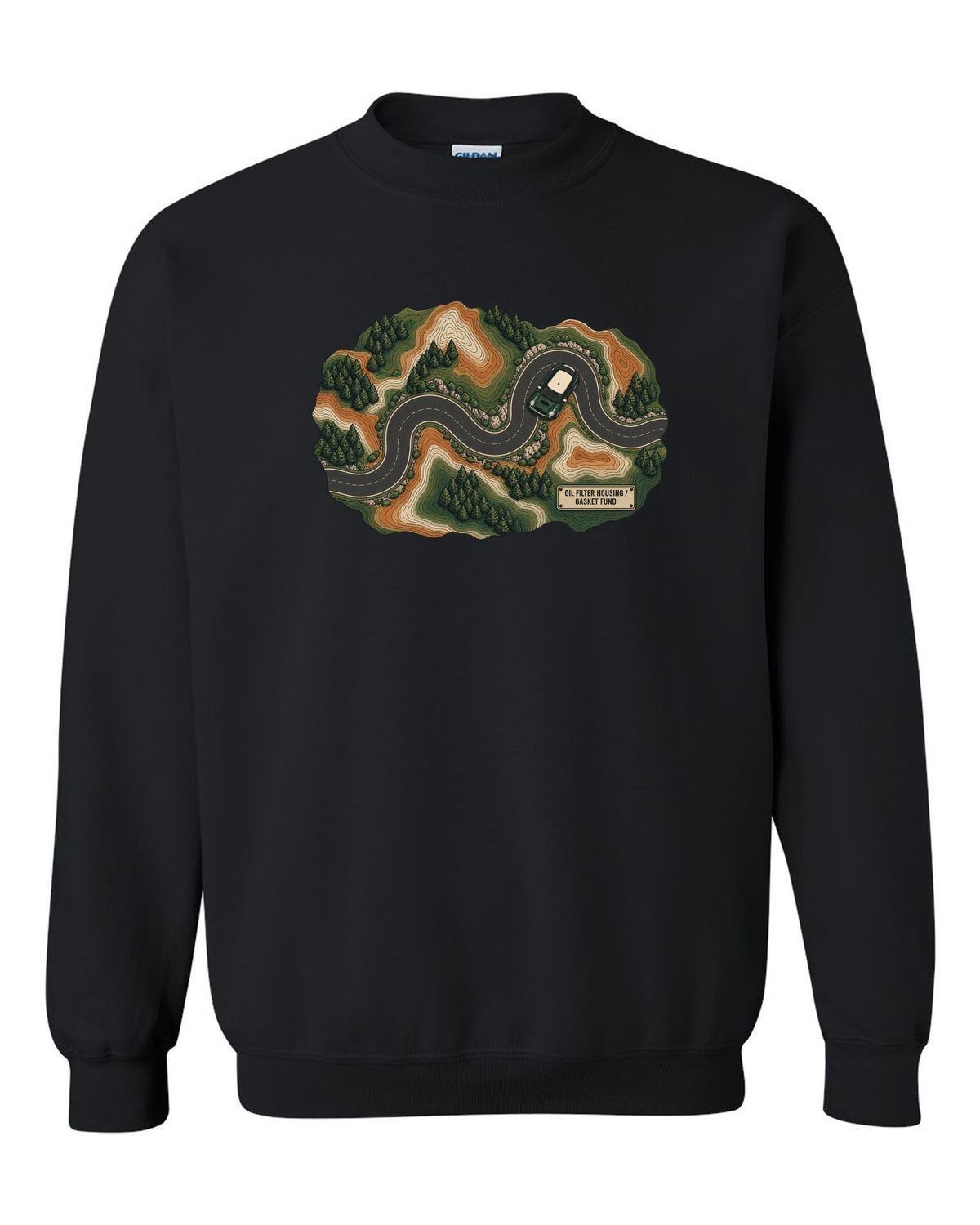 Topographic route map design of a Mini Cooper S R56 with gasket fund text black crewneck front view with the design