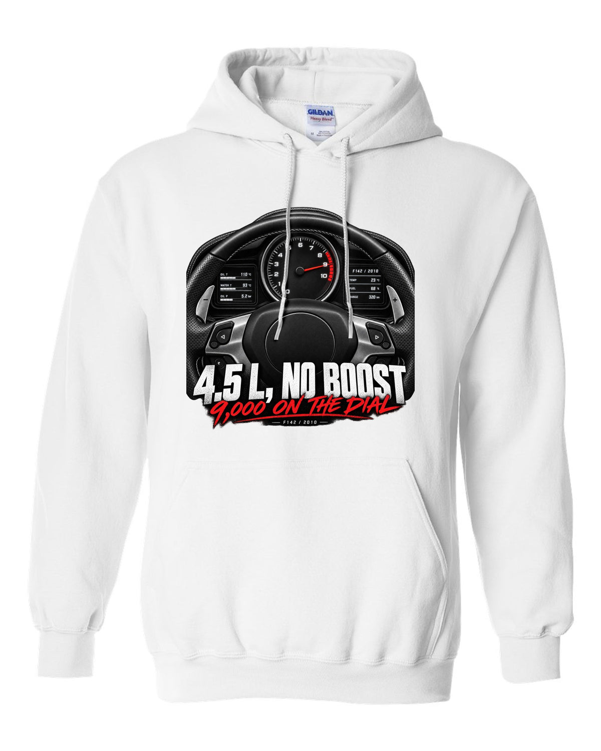 Cockpit gauge print of a Ferrari 458 Italia instrument cluster with 9,000 on the dial white pull over hoodie front view with the design