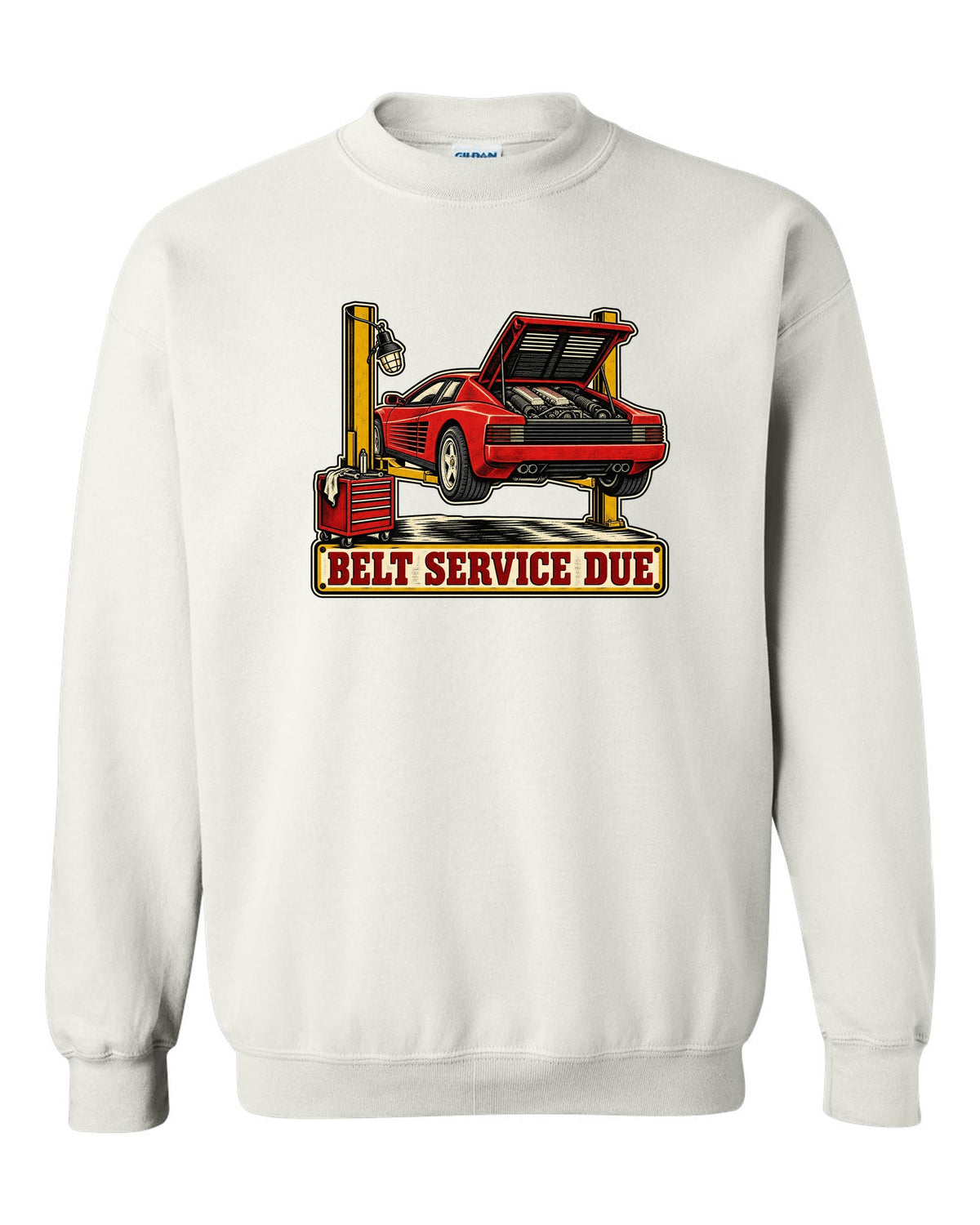 Two-colour linocut of Ferrari Testarossa with belt service due text white crewneck front view with the design