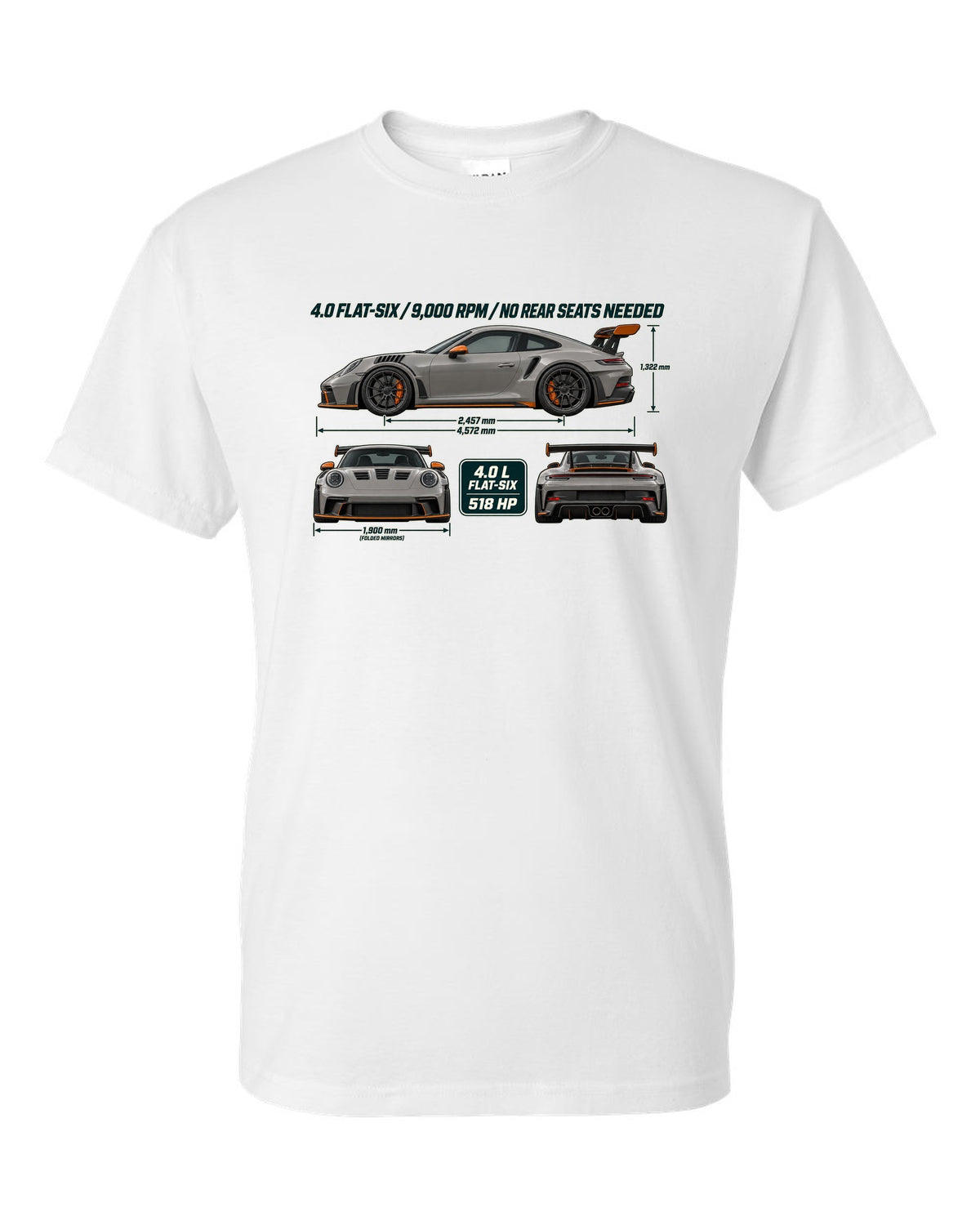 Three-view drawing and spec table of a Porsche 911 GT3 RS 992 in warm grey white t-shirt front view with the design