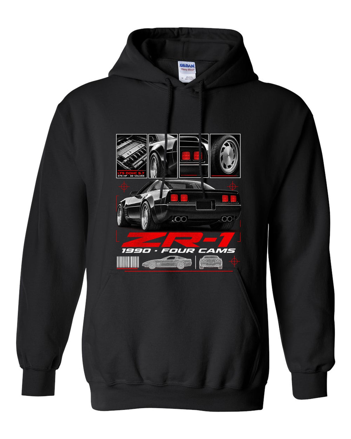 Chevrolet Corvette C4 ZR-1 1990 LT5 dossier print wide rear black pull over hoodie front view with the design
