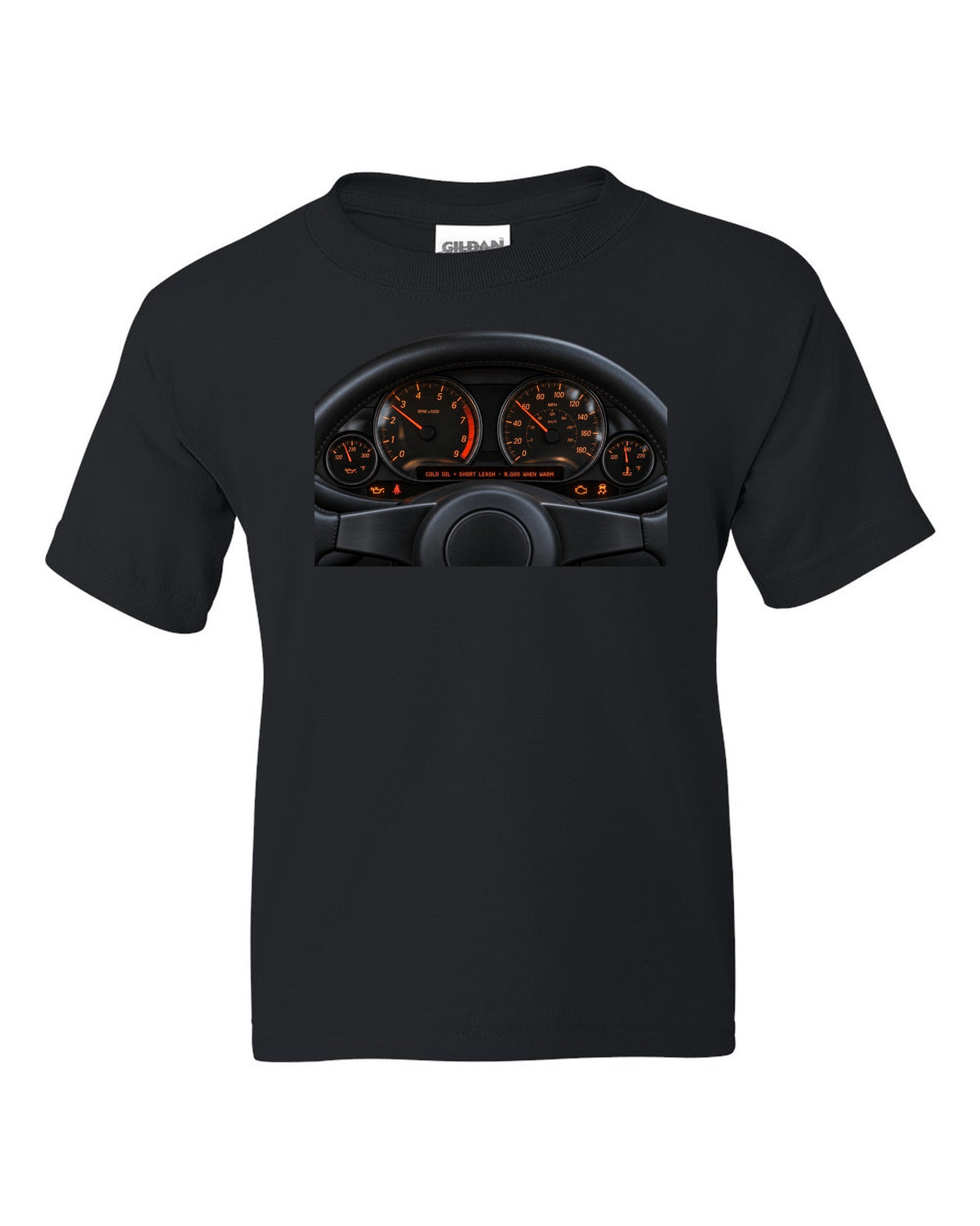 BMW E46 M3 coupe cockpit gauge print with cold oil short leash and 8,000 when warm text black kids tee front view with the design