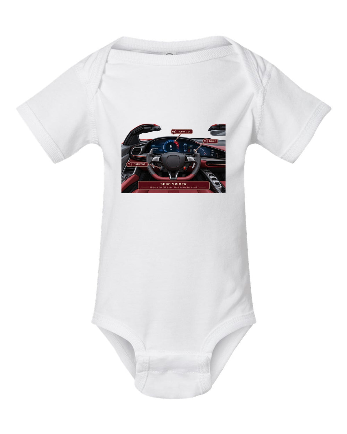 Ferrari SF90 Spider cockpit gauge print with 16-inch curved dash text white baby onesie front view with the design