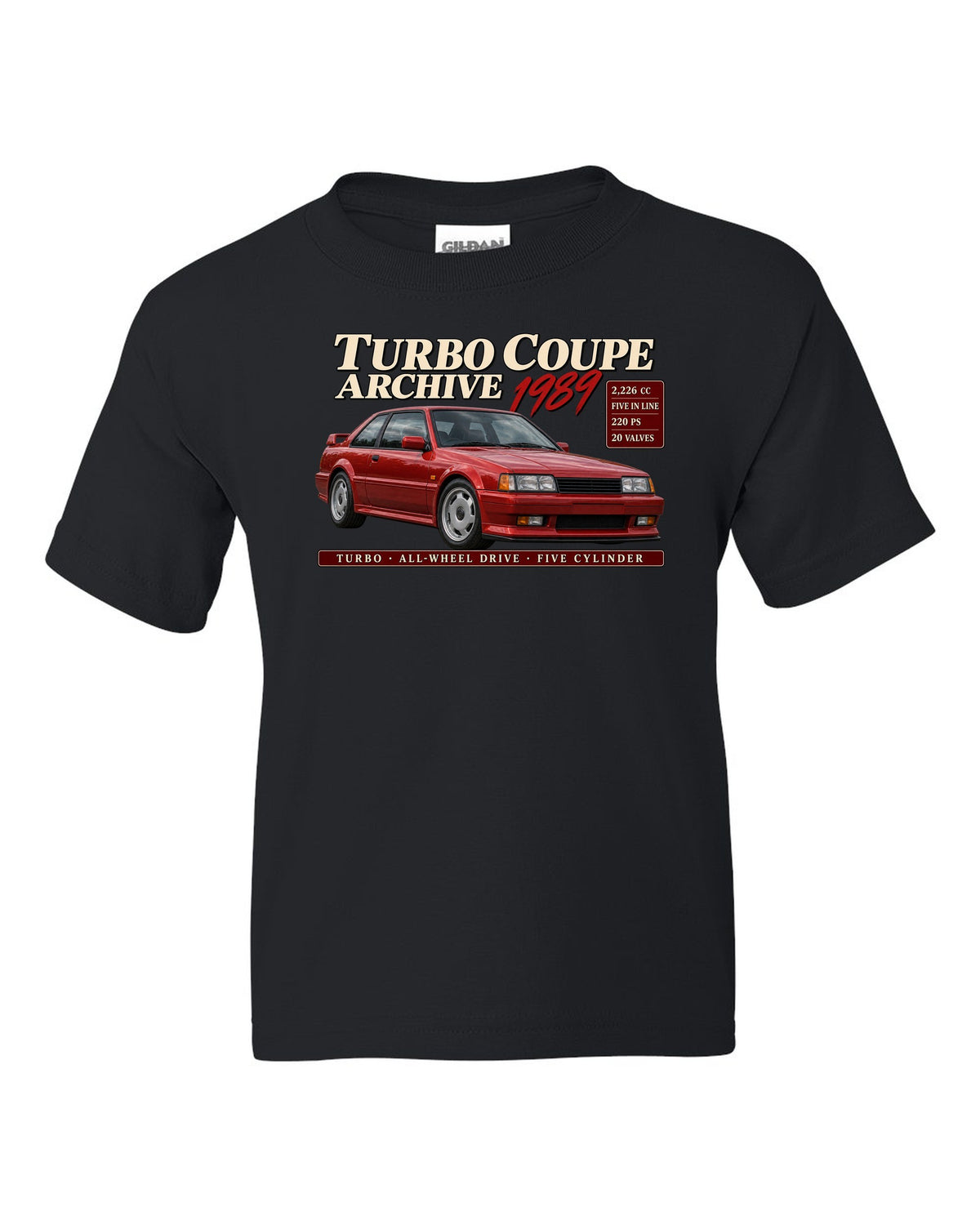 Audi Ur-Quattro 20V 1989 front three-quarter in archive panel with 2,226 cc text black kids tee front view with the design
