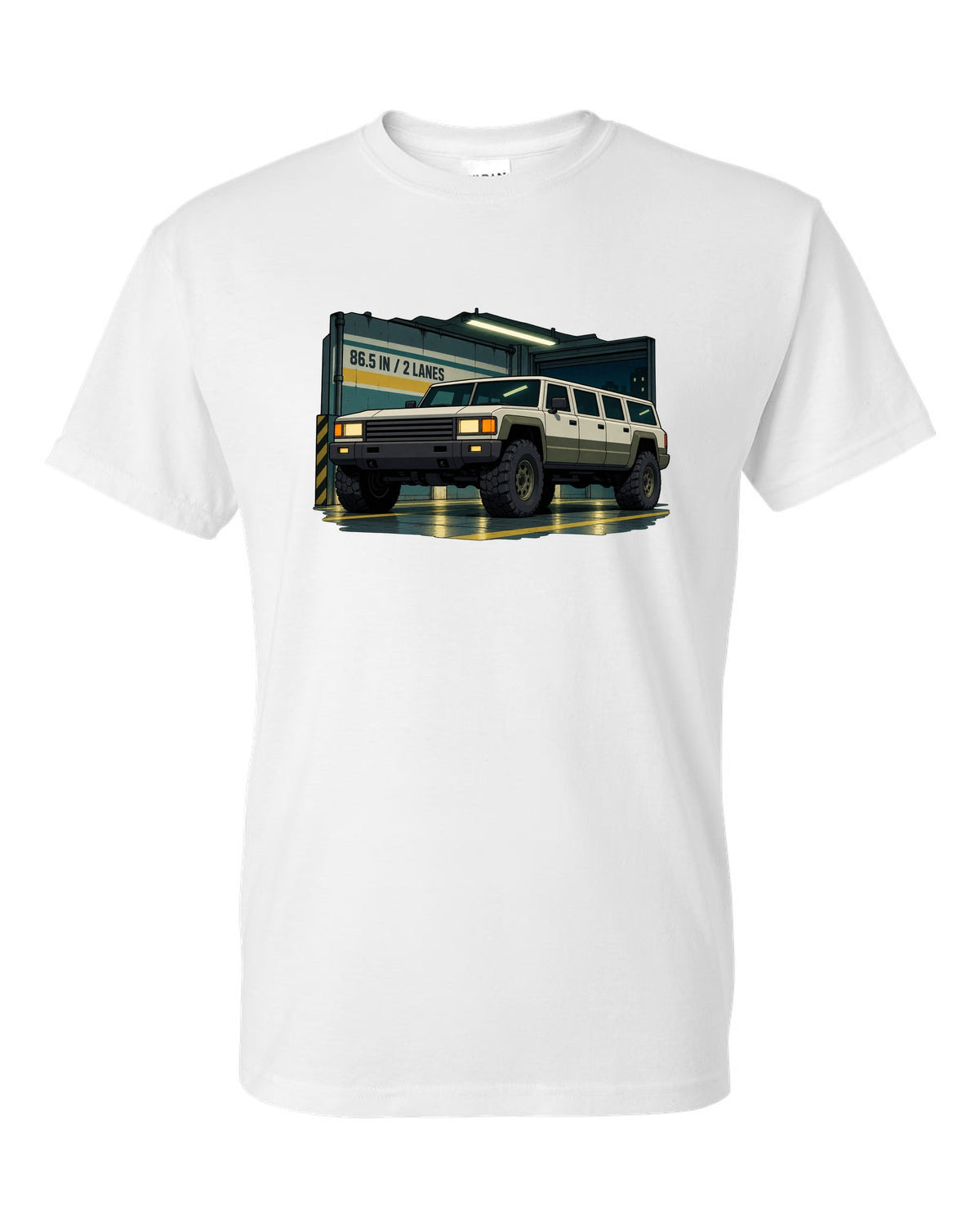 Cel-shaded 90s anime style Hummer H1 in a garage with 86.5 IN and 2 LANES text white t-shirt front view with the design