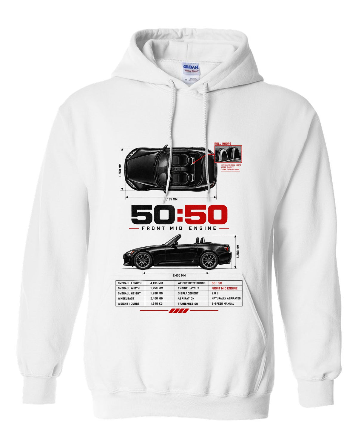 Honda S2000 AP2 roadster spec poster design with 50:50 front mid engine 2,400 mm text white pull over hoodie front view with the design