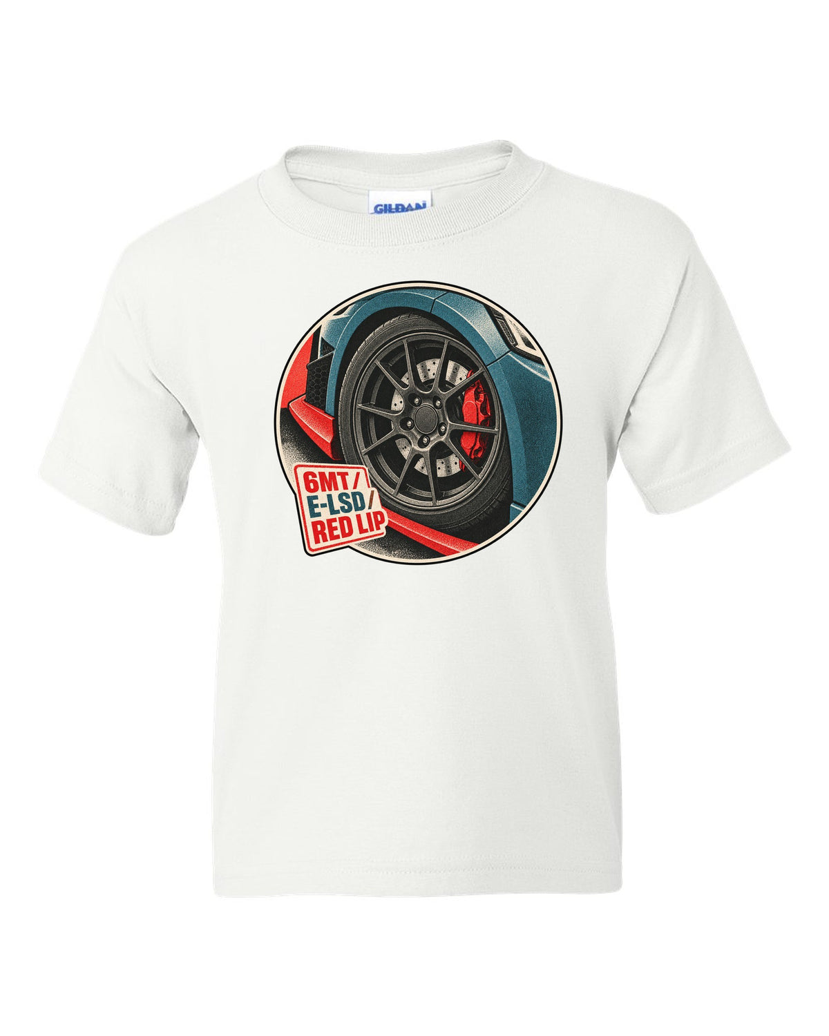 Risograph duotone print of a Hyundai Veloster N JS wheel and red front lip with 6MT E-LSD text white kids tee front view with the design