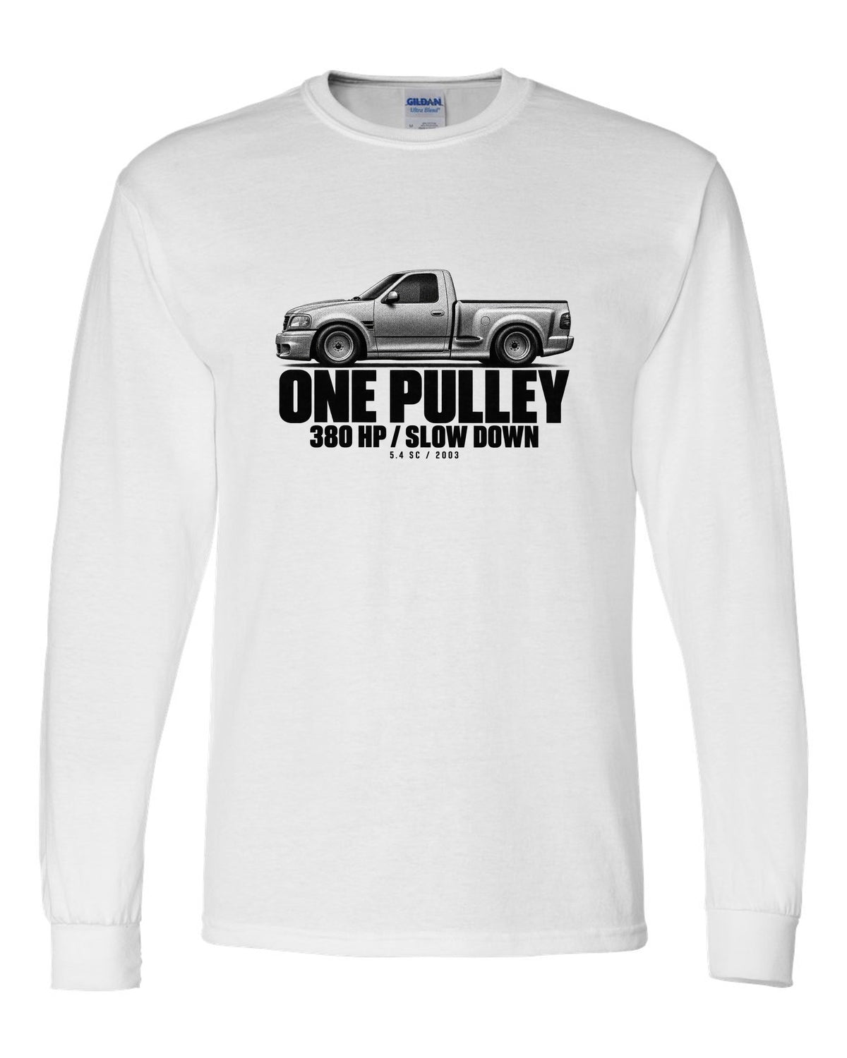 Halftone print of a 2002-03 Ford F-150 SVT Lightning with 380 HP text white long sleeve front view with the design