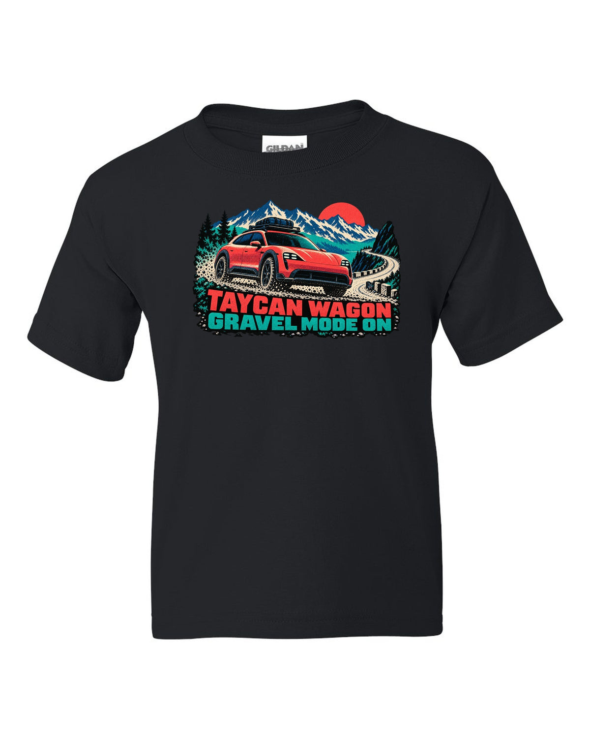 Porsche Taycan Cross Turismo Y1B risograph print with the text Taycan wagon gravel mode on black kids tee front view with the design