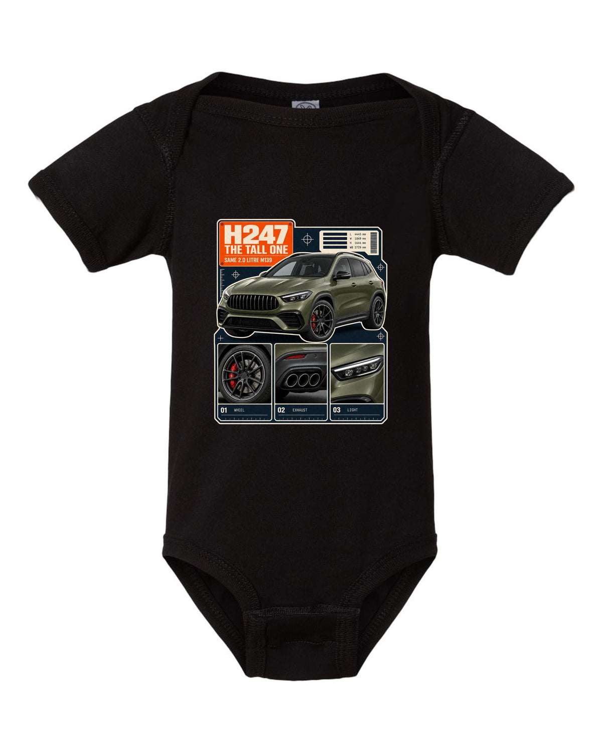 Mercedes-AMG GLA 45 S H247 dossier panel print black baby onesie front view with the design