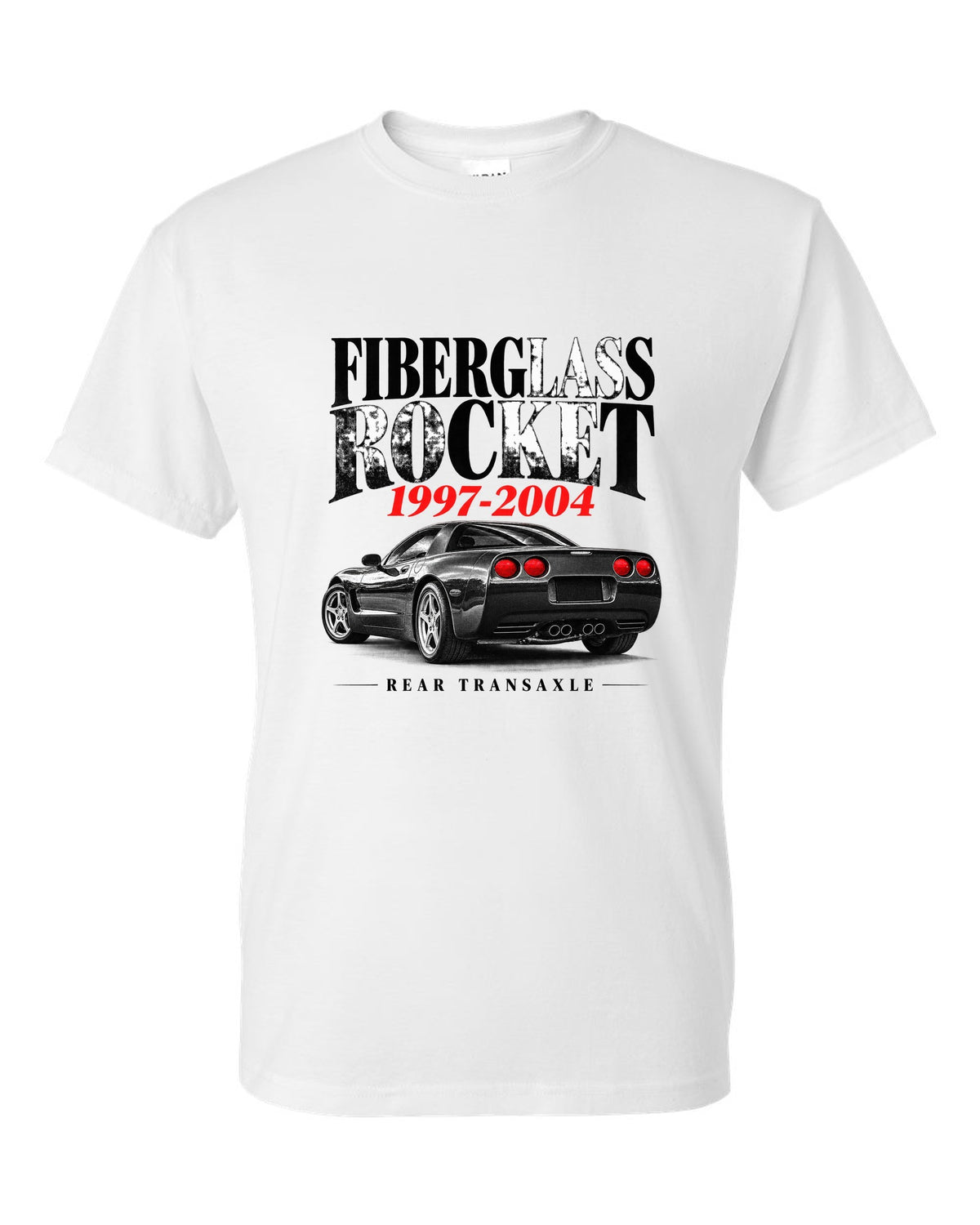 Corvette C5 coupe editorial headline print with rear transaxle text white t-shirt front view with the design