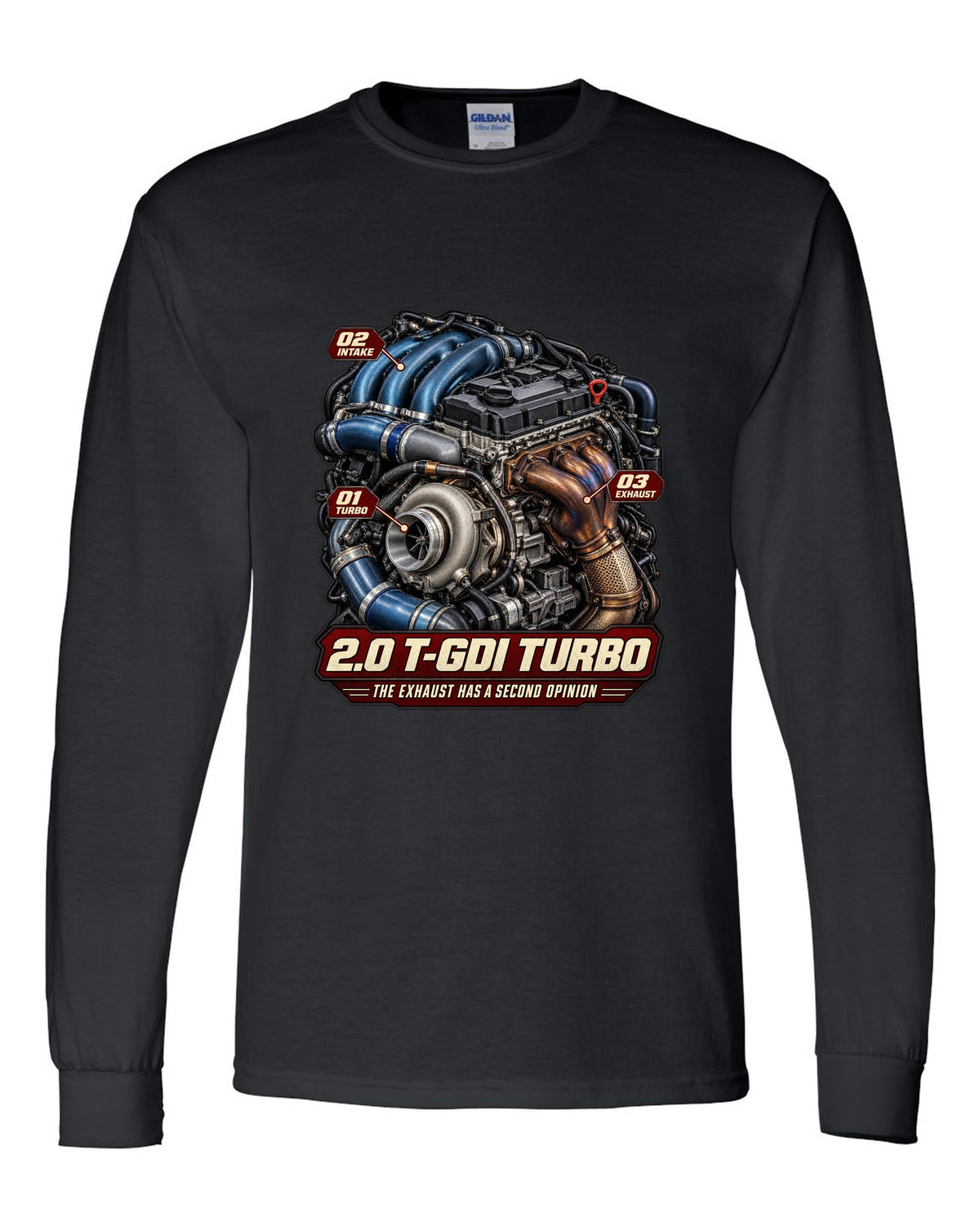 Hyundai Elantra N 2.0 T-GDI turbo engine illustration, print black long sleeve front view with the design