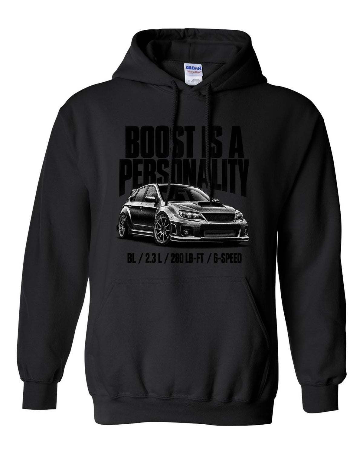 Halftone carbon print of a Mazdaspeed3 BL with boost lettering black pull over hoodie front view with the design