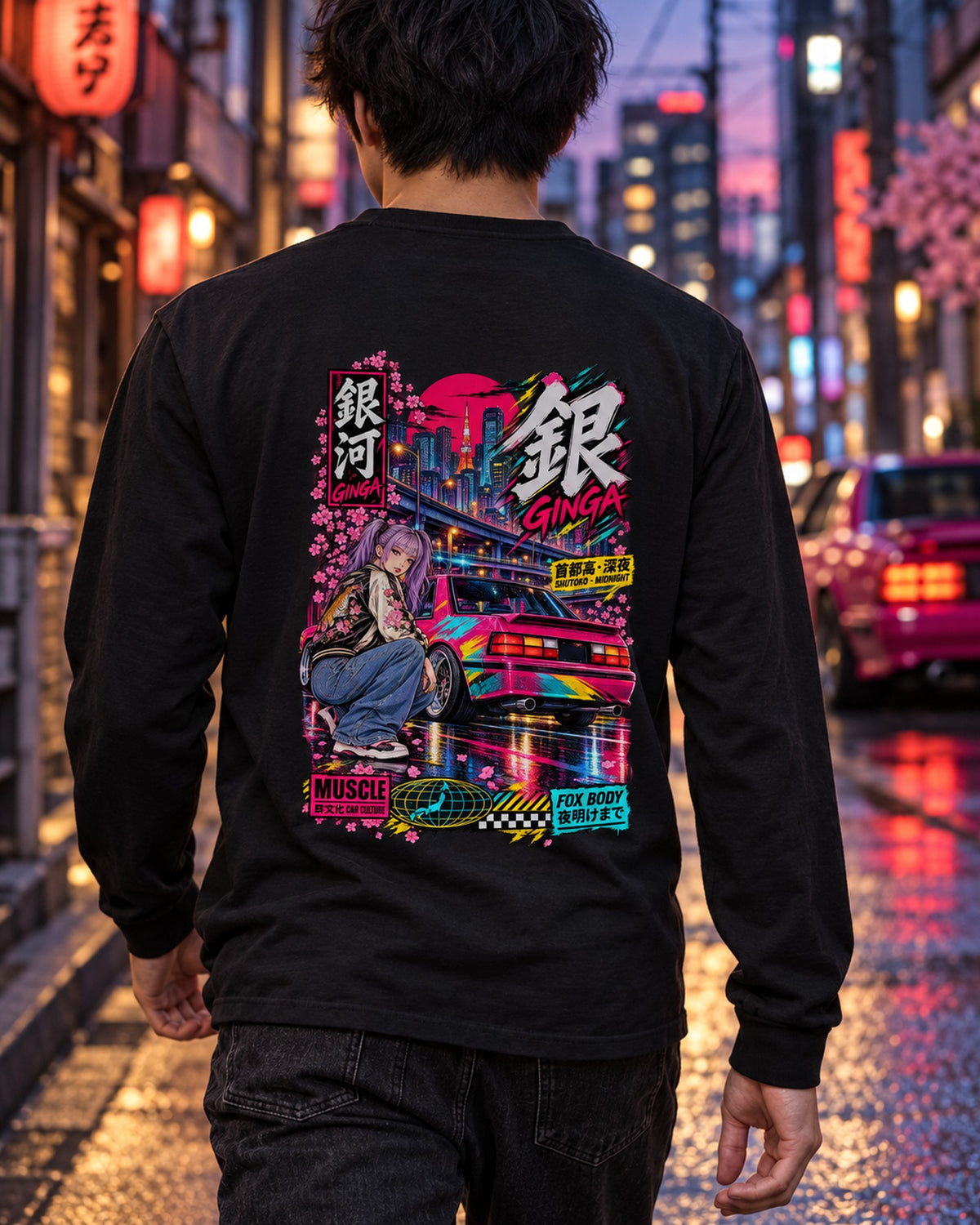 GINGA FOX BODY Anime Girl Full-Back Graphic Tee Long Sleeve Black worn hero