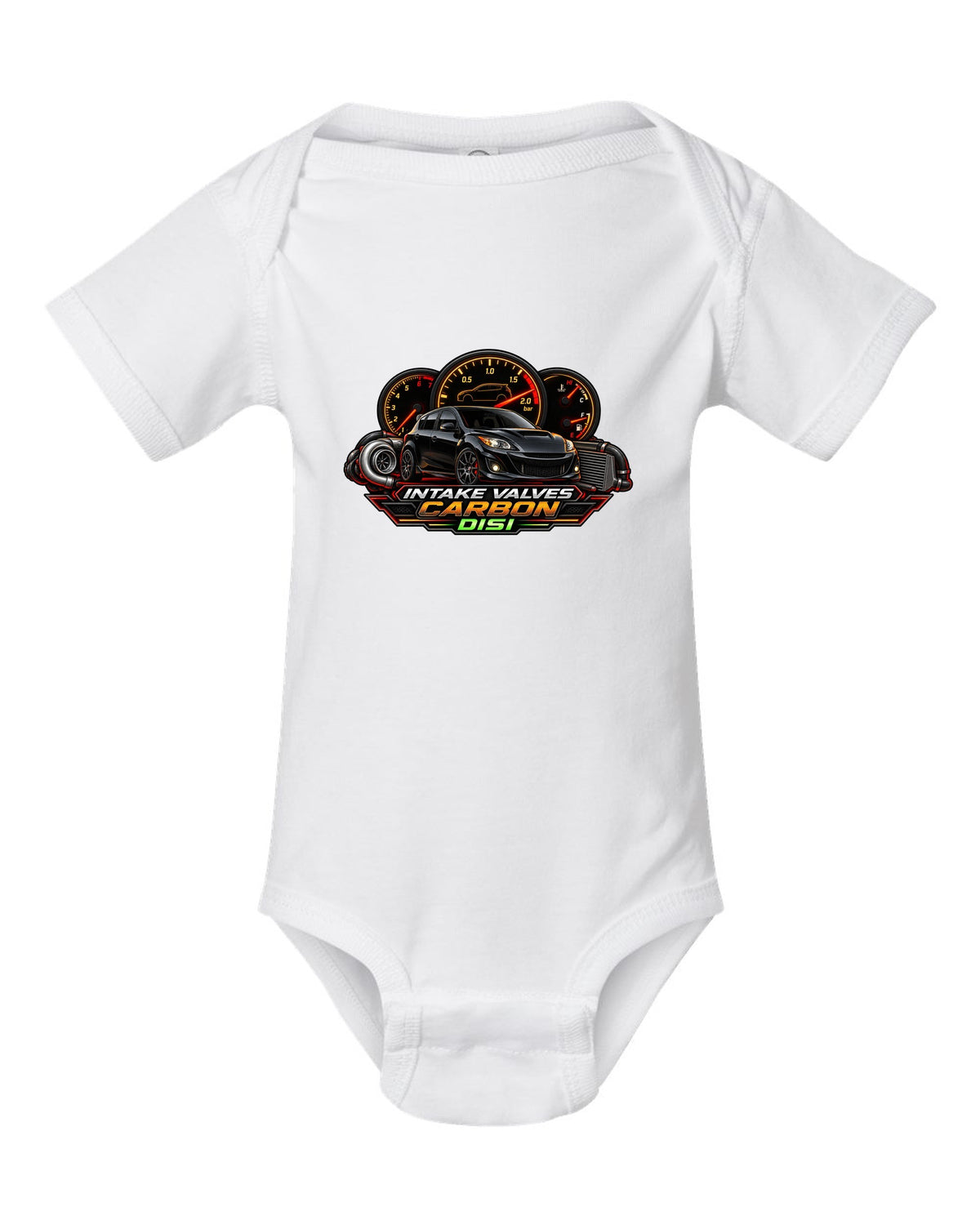 Gauge-cluster HUD design for the Mazdaspeed3 with INTAKE VALVES / CARBON / DISI lettering white baby onesie front view with the design