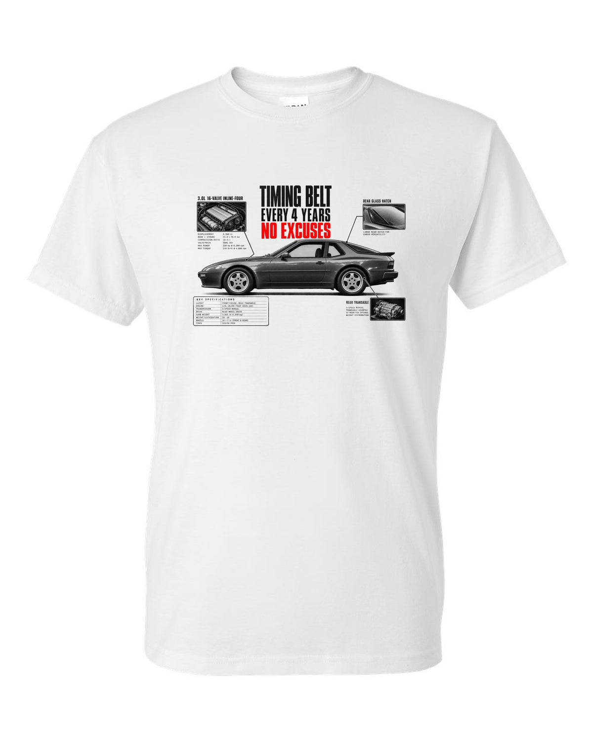 Spec poster print for a Porsche 944 S2 with a timing belt every 4 years caption white t-shirt front view with the design