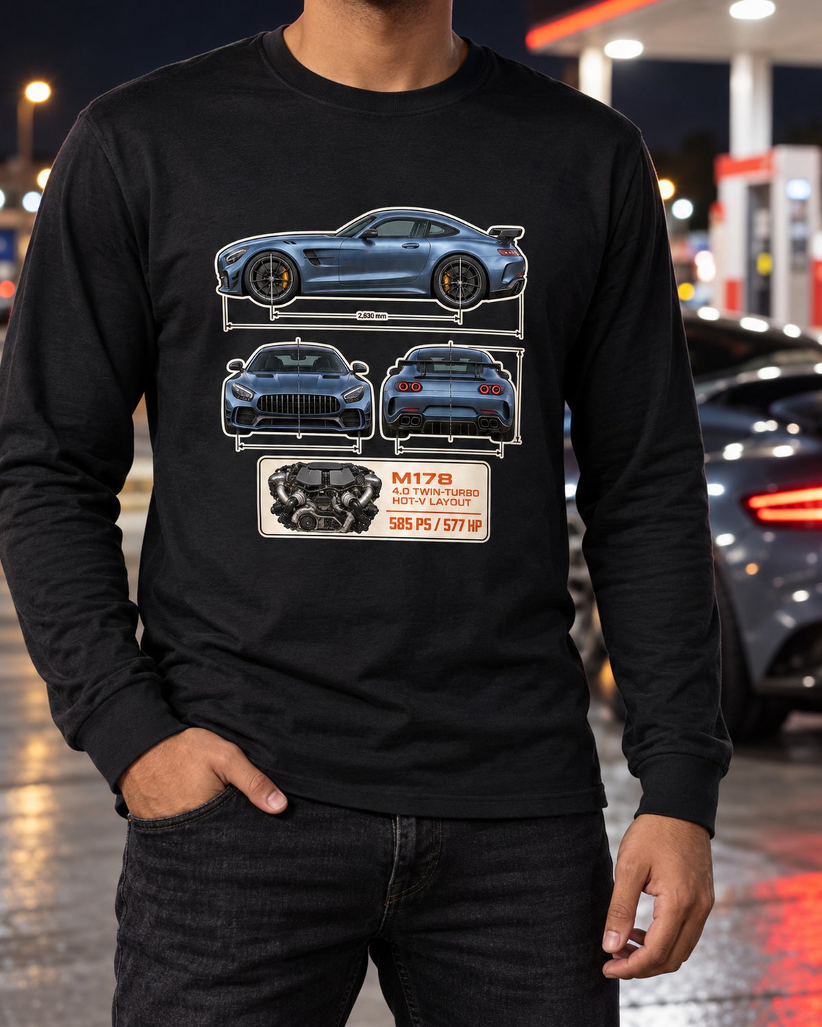 Mercedes-AMG GT R C190 Dimension Blueprint Shirt, M178 V8 Long Sleeve Black worn hero