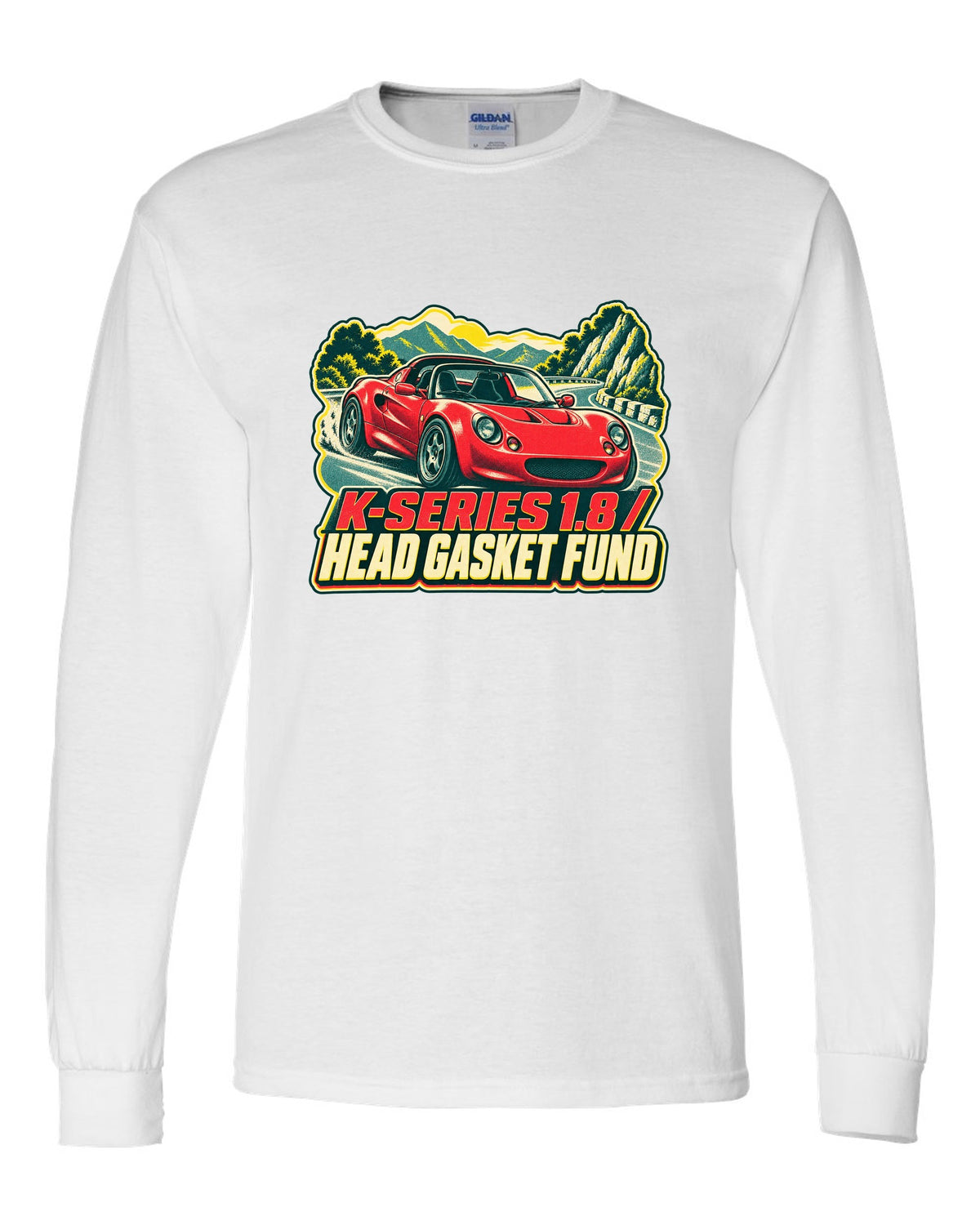 Lotus Elise S1 risograph print with K-Series 1.8 head gasket fund lettering white long sleeve front view with the design