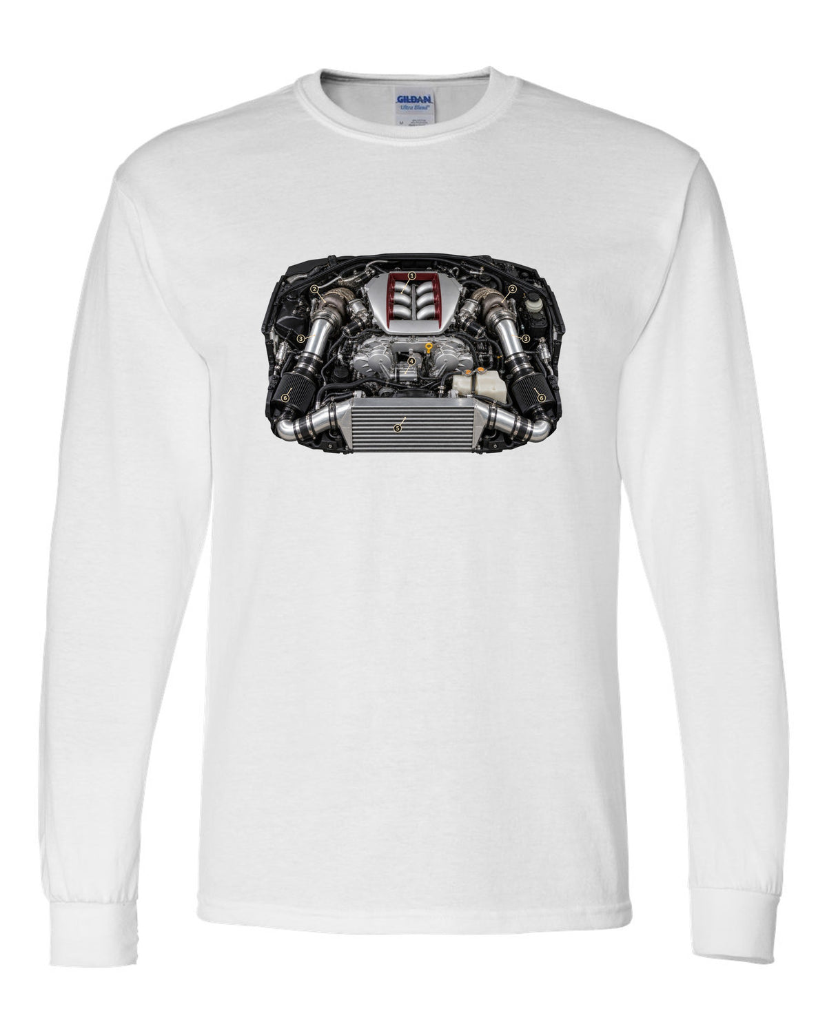 Nissan GT-R R35 early VR38DETT engine poster-style drawing white long sleeve front view with the design