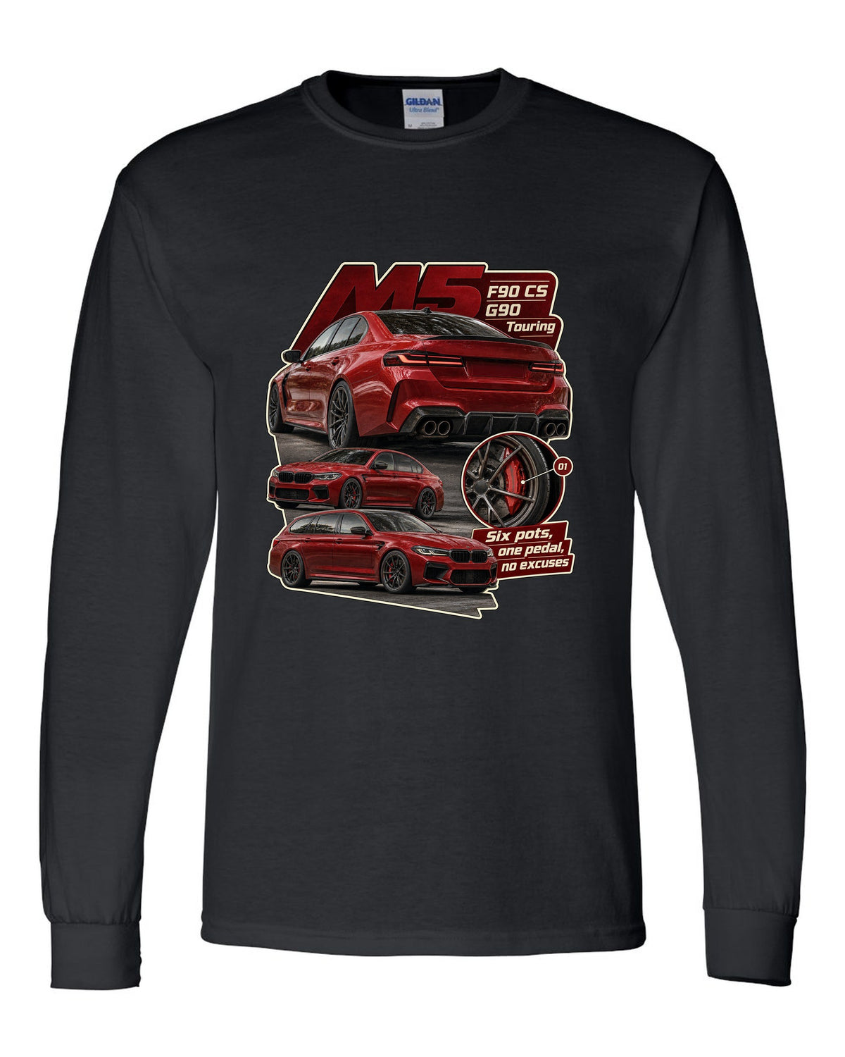 BMW M2 G87 in Toronto Red taillight macro print with six pots one pedal caption black long sleeve front view with the design