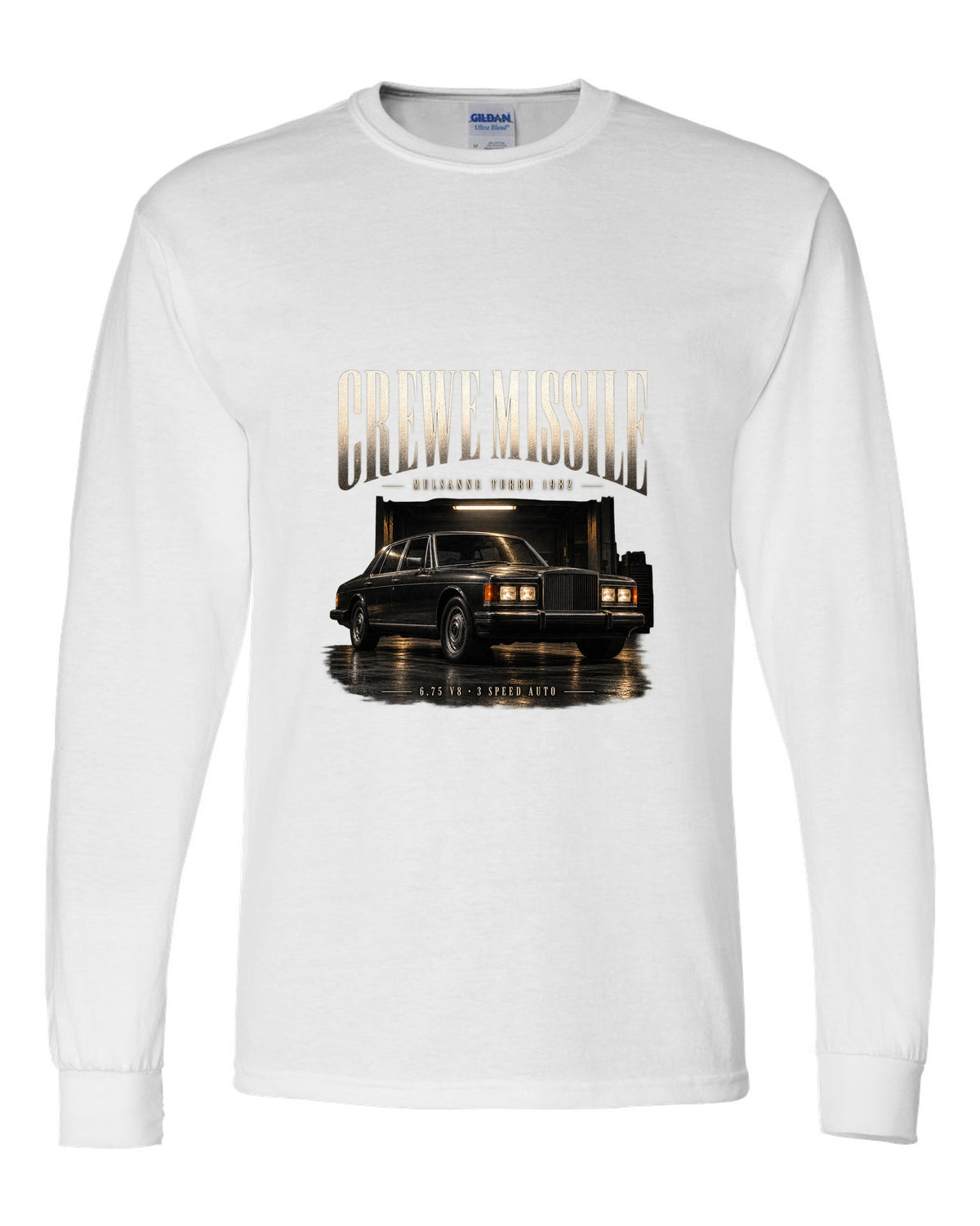 Bentley Mulsanne Turbo 1982 in a garage at night white long sleeve front view with the design