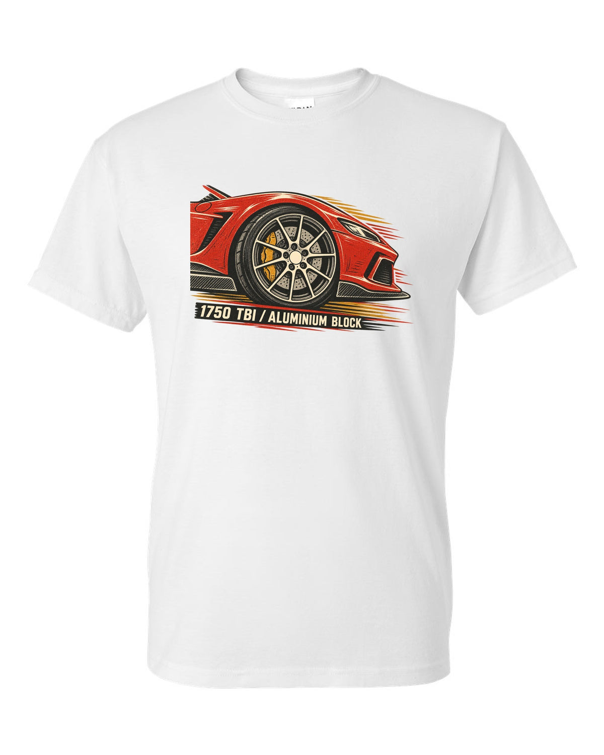 Multi-ink linocut illustration of an Alfa Romeo 4C with 1750 TBI aluminium block text white t-shirt front view with the design