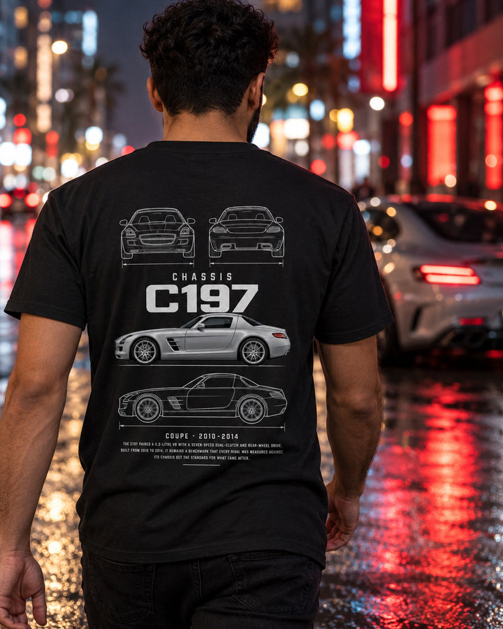 Mercedes SLS AMG gullwing coupe Blueprint Full-Back Graphic Tee, C197 Chassis Code T-Shirt Black worn hero