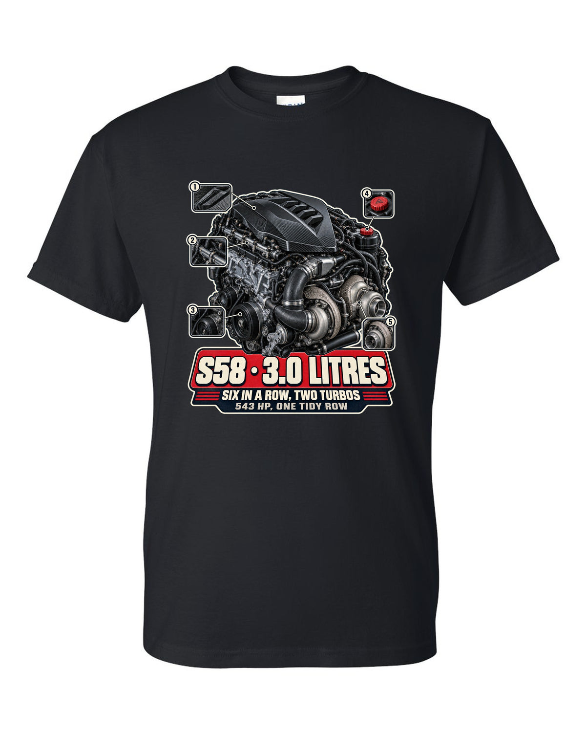 BMW M4 CSL G82 S58 engine bay hero print black t-shirt front view with the design