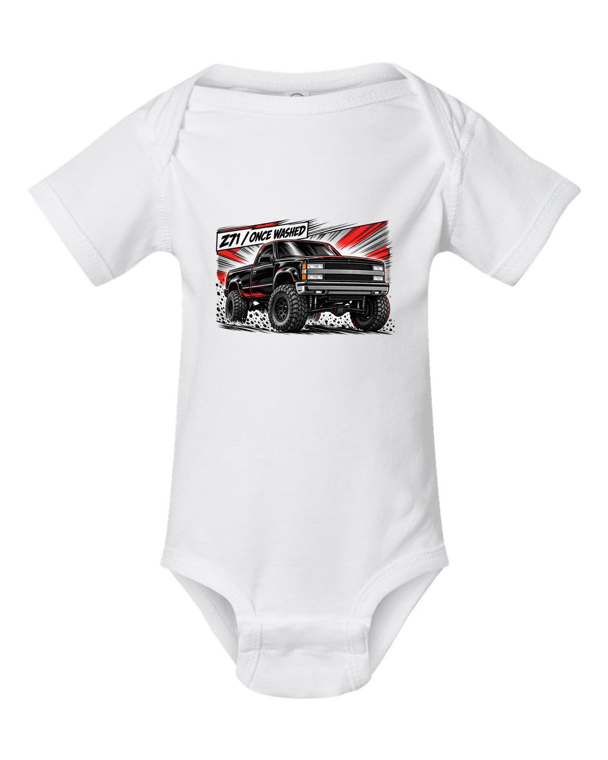 Retro manga halftone panel print of a 1988-98 Chevrolet GMT400 K1500 Z71 OBS with Z71 once washed lettering white baby onesie front view with the design