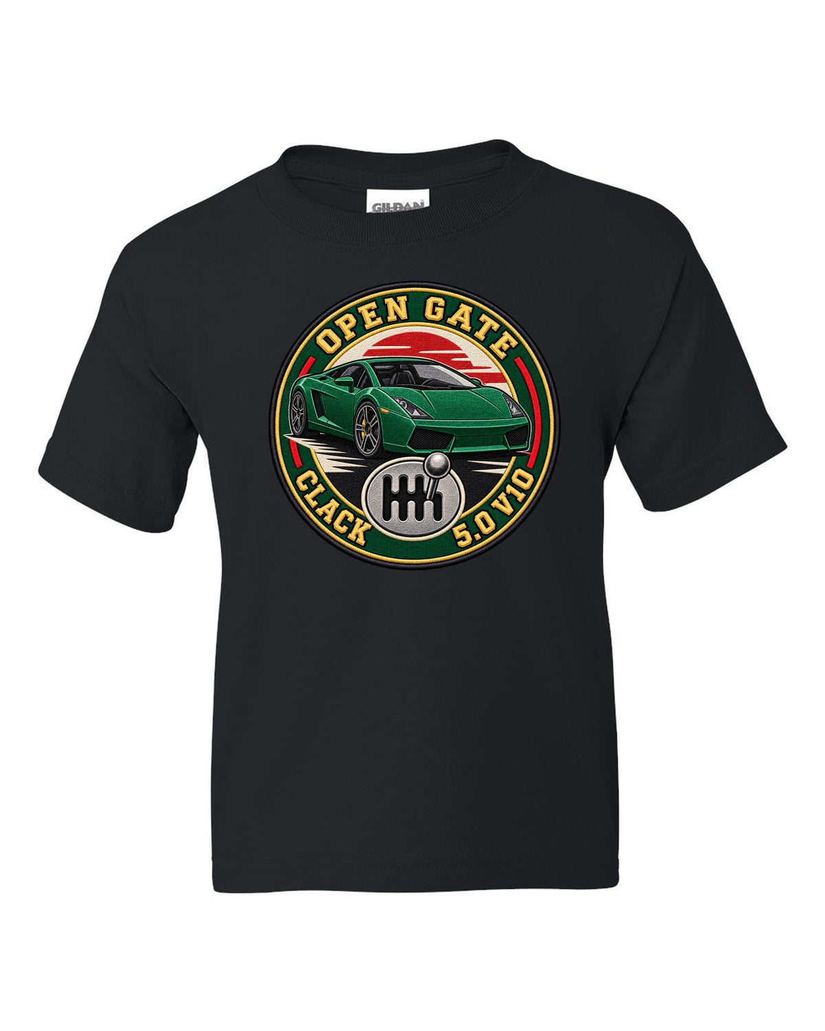 Embroidery-style crest of a Lamborghini Gallardo open-gate six-speed manual with V10 text black kids tee front view with the design