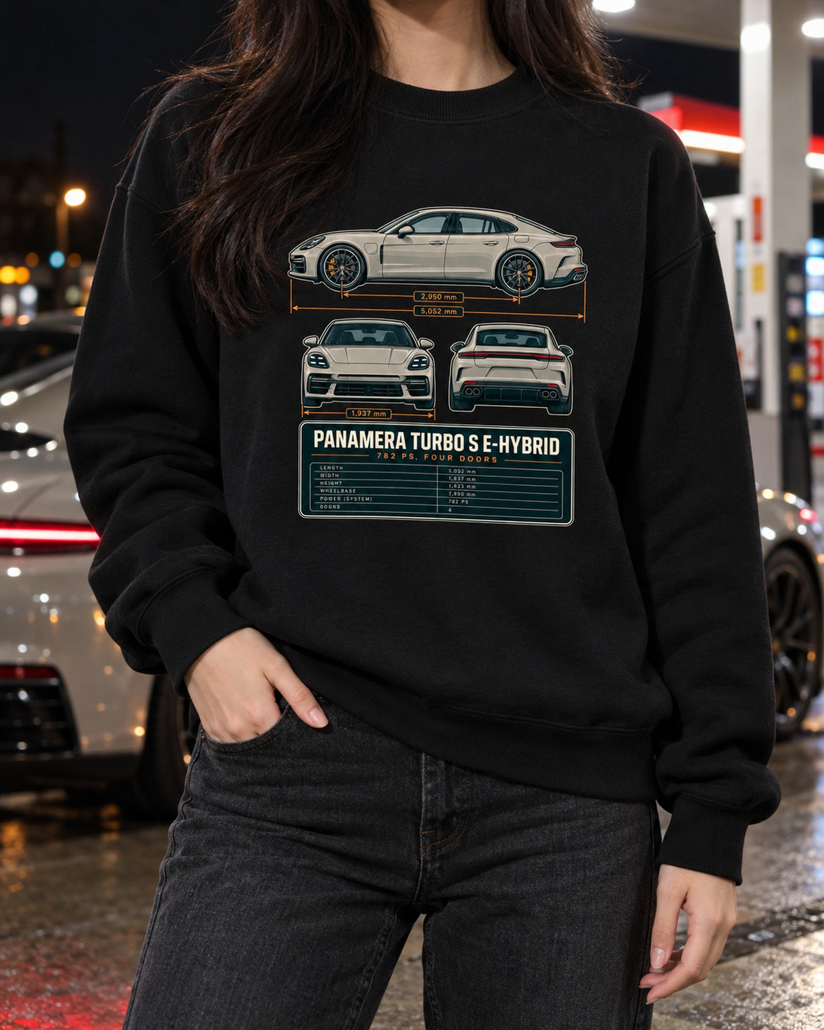 Porsche Panamera Turbo S E-Hybrid G3 Three-View Spec Shirt Crewneck Black worn hero