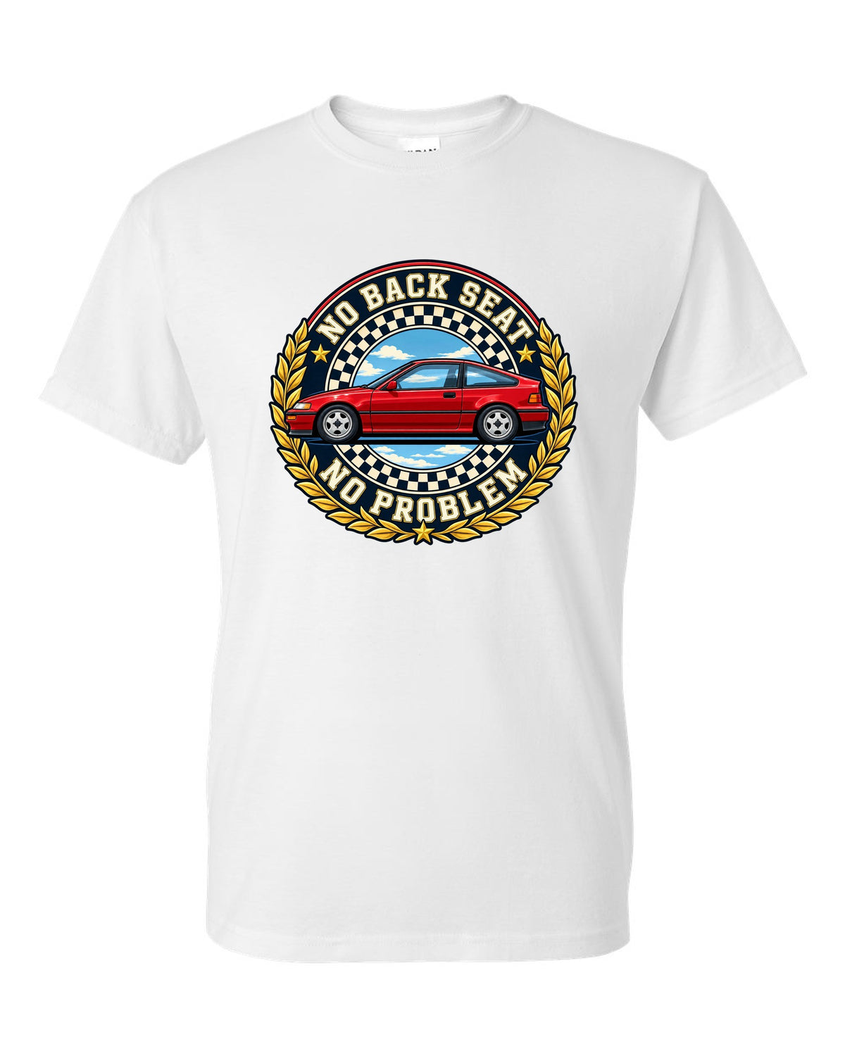Crest layout print for the Honda CRX EF8 with no back seat text white t-shirt front view with the design