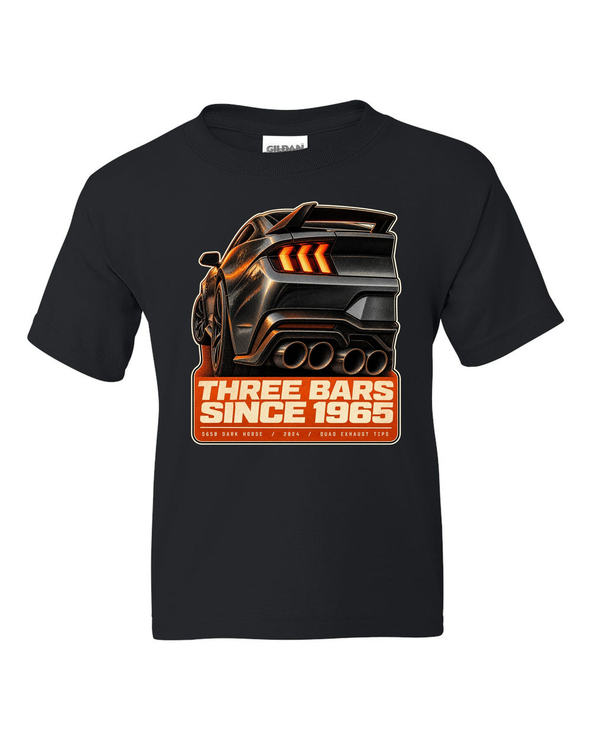 Ford Mustang S650 Dark Horse taillight macro print with quad exhaust tip text black kids tee front view with the design