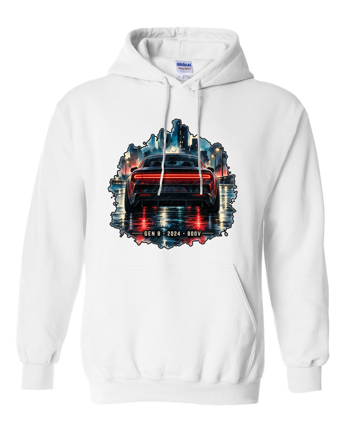 Watercolour night scene of a 2024 Dodge Charger Daytona EV on a wet road with Gen 8 lettering white pull over hoodie front view with the design
