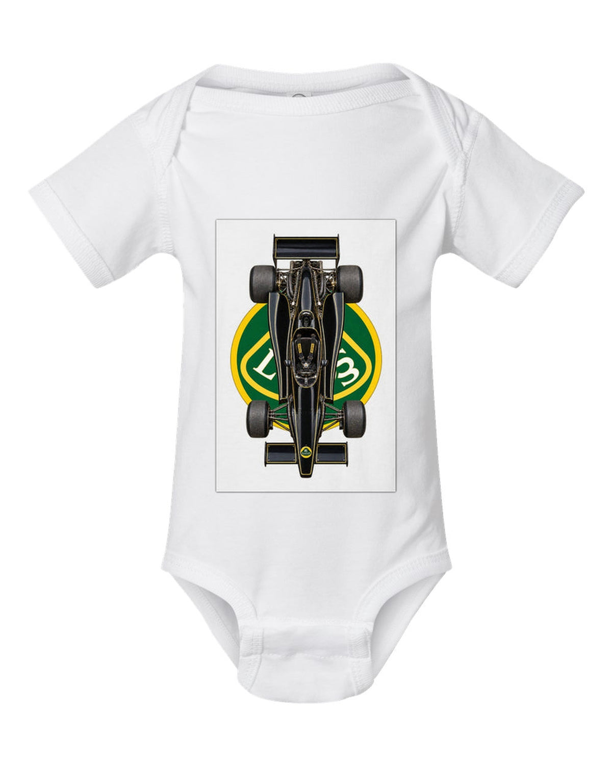 Lotus 79 1978 Formula 1 overhead poster artwork white baby onesie front view with the design