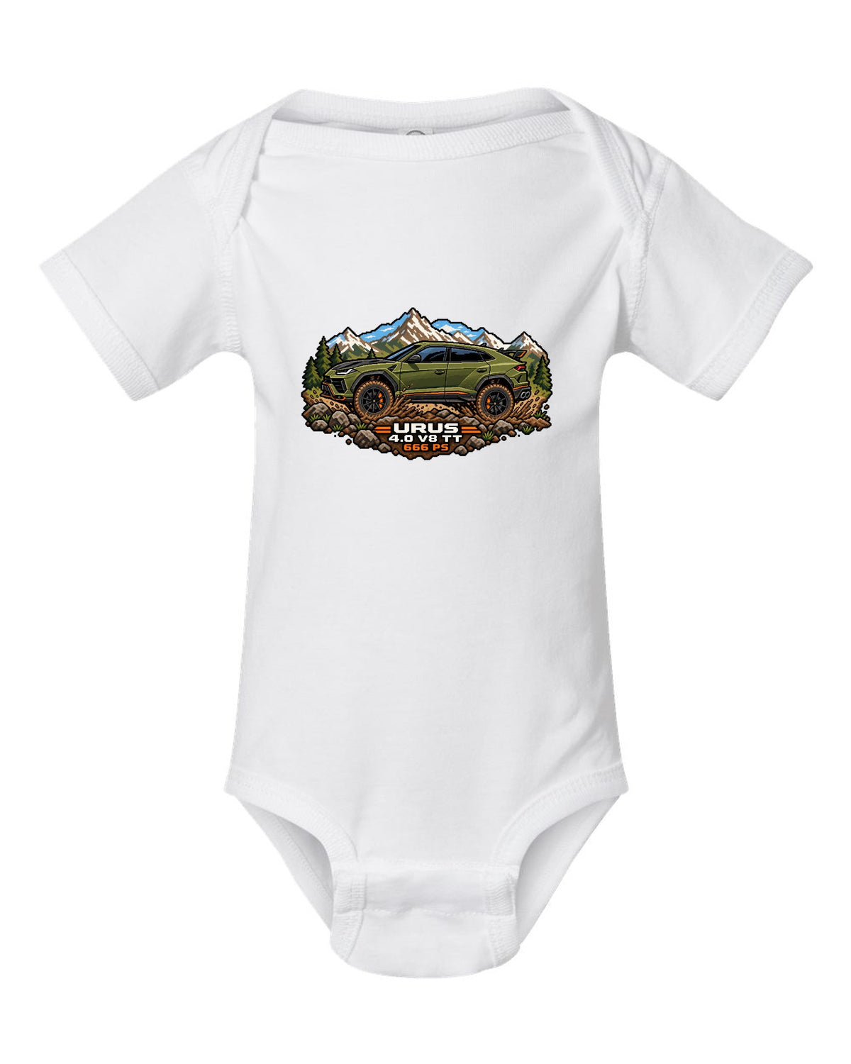 16-bit pixel art Lamborghini Urus Performante climbing a muddy hill with text URUS / 4.0 V8 TT / 666 PS white baby onesie front view with the design