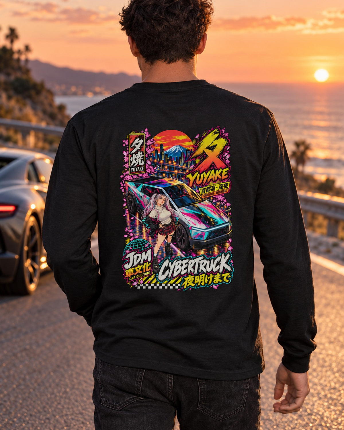 YUYAKE CYBERTRUCK Anime Girl Full-Back Graphic Tee Long Sleeve Black worn hero