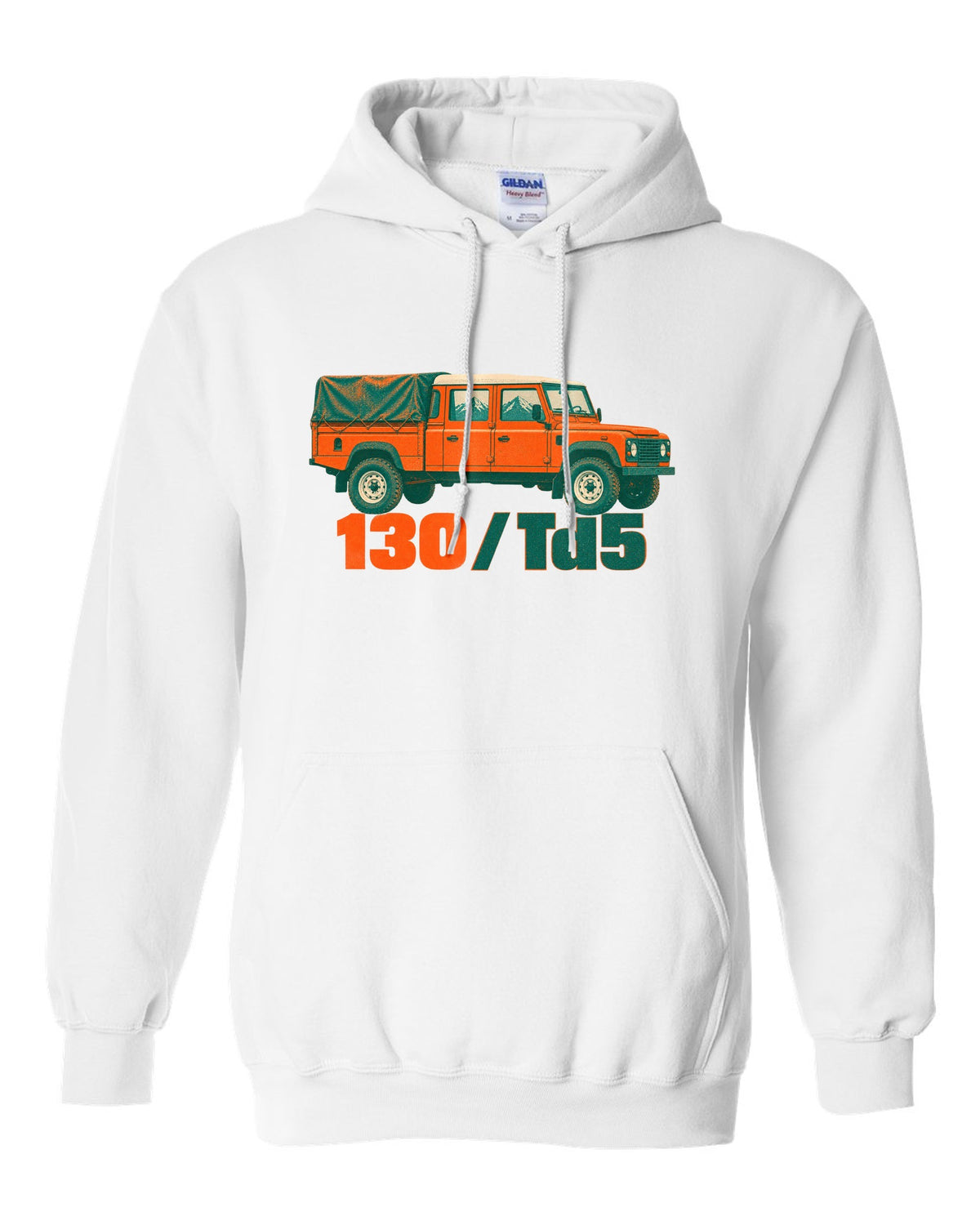 Risograph two-colour print of a Land Rover Defender 130 crew cab with 130 Td5 text white pull over hoodie front view with the design