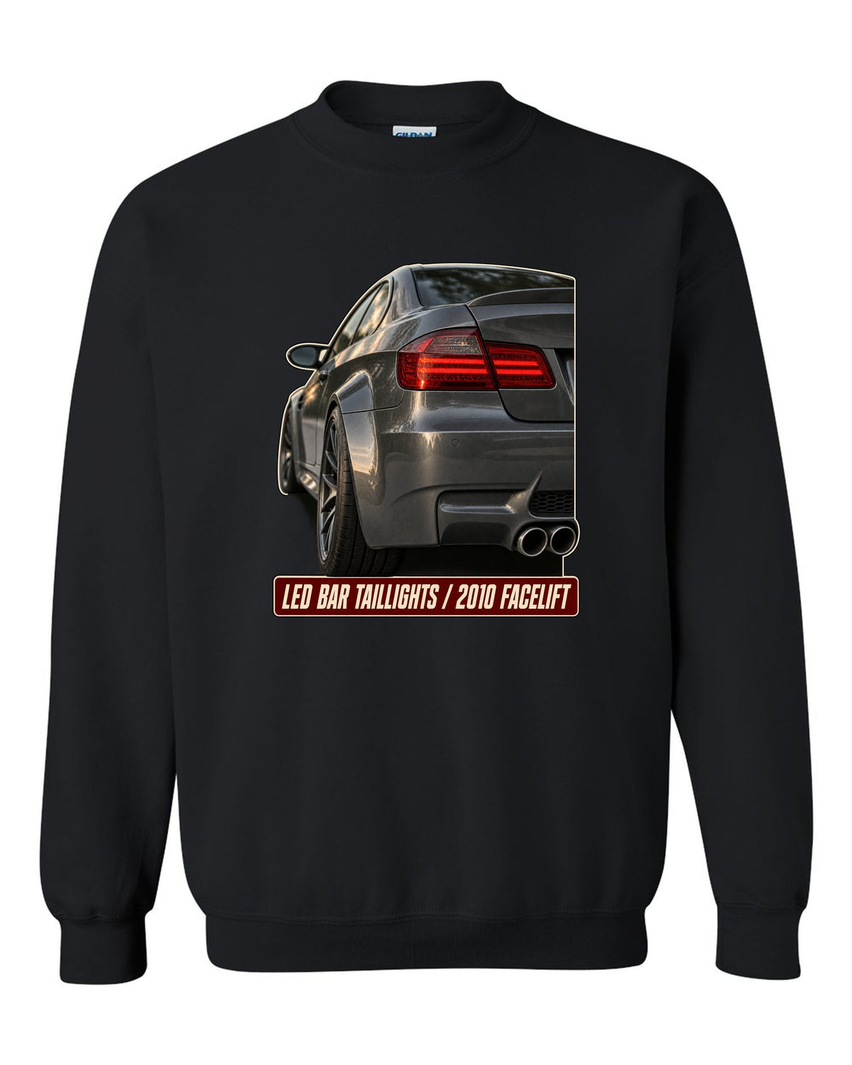 BMW M3 E92 LCI LED bar taillight close-up print black crewneck front view with the design