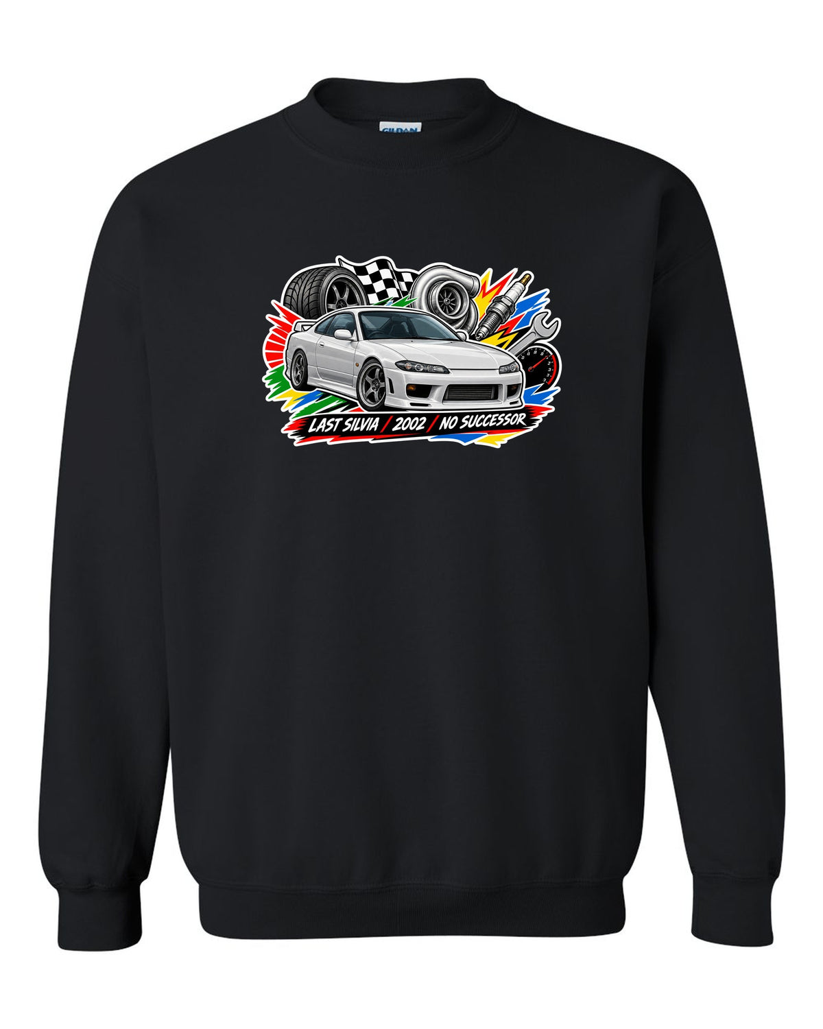 Sticker-bomb collage print for the Nissan Silvia S15 with last Silvia 2002 no successor lettering black crewneck front view with the design